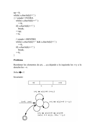 np = 0;
while( s.charAt(k)!='.' )
{ // estado==FUERA
while( s.charAt(k)==' ' )
++k;
if( s.charAt(k)=='.' )
break;
++np;
++k;
// estado==DENTRO
while( s.charAt(k)!=' ' && s.charAt(k)!='.' )
++k;
if( s.charAt(k)=='.' )
break;
++k;
}
Problema
Reordenar los elementos de a[0], ..., a[n] dejando a la izquierda los <0 y a la
derecha los >=0.
Soluci�n 1:
Invariante:
 