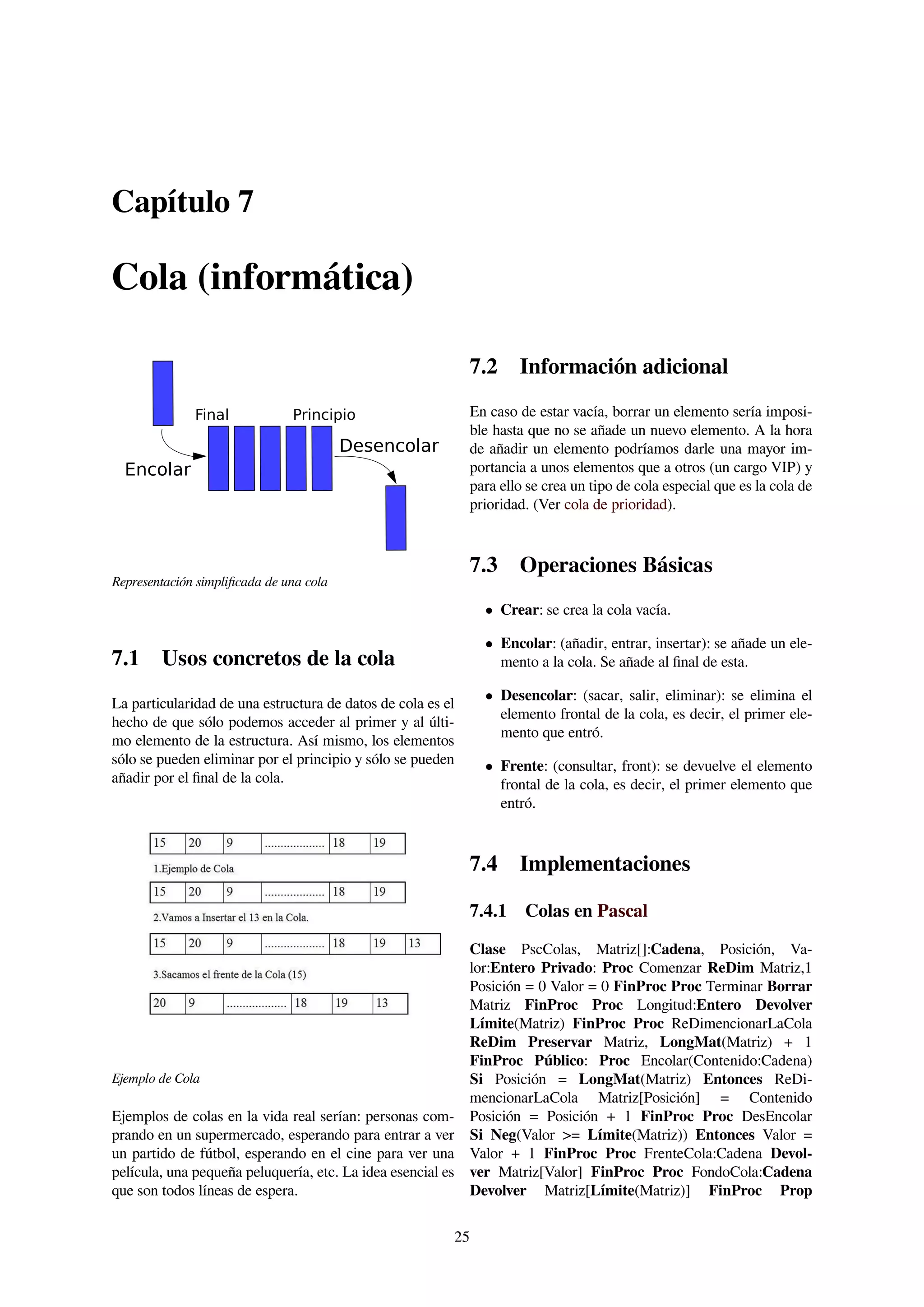 Capítulo 7
Cola (informática)
Desencolar
Encolar
Final Principio
Representación simpliﬁcada de una cola
7.1 Usos concretos de la cola
La particularidad de una estructura de datos de cola es el
hecho de que sólo podemos acceder al primer y al últi-
mo elemento de la estructura. Así mismo, los elementos
sólo se pueden eliminar por el principio y sólo se pueden
añadir por el ﬁnal de la cola.
Ejemplo de Cola
Ejemplos de colas en la vida real serían: personas com-
prando en un supermercado, esperando para entrar a ver
un partido de fútbol, esperando en el cine para ver una
película, una pequeña peluquería, etc. La idea esencial es
que son todos líneas de espera.
7.2 Información adicional
En caso de estar vacía, borrar un elemento sería imposi-
ble hasta que no se añade un nuevo elemento. A la hora
de añadir un elemento podríamos darle una mayor im-
portancia a unos elementos que a otros (un cargo VIP) y
para ello se crea un tipo de cola especial que es la cola de
prioridad. (Ver cola de prioridad).
7.3 Operaciones Básicas
• Crear: se crea la cola vacía.
• Encolar: (añadir, entrar, insertar): se añade un ele-
mento a la cola. Se añade al ﬁnal de esta.
• Desencolar: (sacar, salir, eliminar): se elimina el
elemento frontal de la cola, es decir, el primer ele-
mento que entró.
• Frente: (consultar, front): se devuelve el elemento
frontal de la cola, es decir, el primer elemento que
entró.
7.4 Implementaciones
7.4.1 Colas en Pascal
Clase PscColas, Matriz[]:Cadena, Posición, Va-
lor:Entero Privado: Proc Comenzar ReDim Matriz,1
Posición = 0 Valor = 0 FinProc Proc Terminar Borrar
Matriz FinProc Proc Longitud:Entero Devolver
Límite(Matriz) FinProc Proc ReDimencionarLaCola
ReDim Preservar Matriz, LongMat(Matriz) + 1
FinProc Público: Proc Encolar(Contenido:Cadena)
Si Posición = LongMat(Matriz) Entonces ReDi-
mencionarLaCola Matriz[Posición] = Contenido
Posición = Posición + 1 FinProc Proc DesEncolar
Si Neg(Valor >= Límite(Matriz)) Entonces Valor =
Valor + 1 FinProc Proc FrenteCola:Cadena Devol-
ver Matriz[Valor] FinProc Proc FondoCola:Cadena
Devolver Matriz[Límite(Matriz)] FinProc Prop
25
 