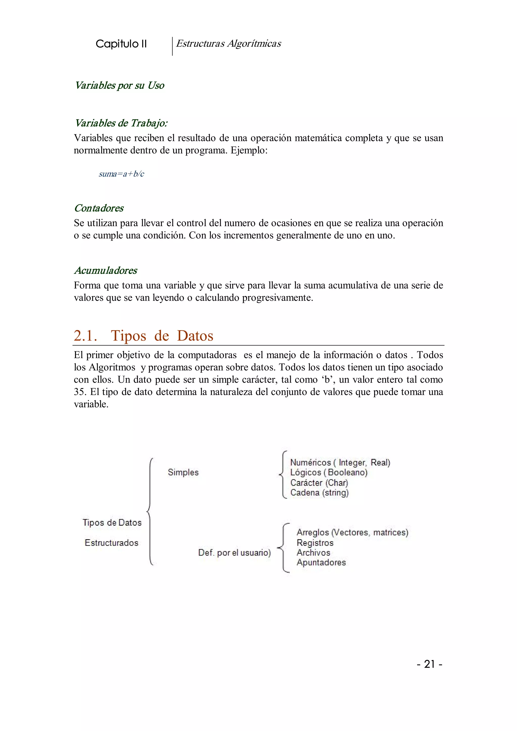 Capitulo II          Estructuras Algorítmicas 


Variables por su Uso 


Variables de Trabajo:  
Variables que reciben el resultado de una operación matemática completa y que se usan 
normalmente dentro de un programa. Ejemplo: 

      suma=a+b/c 


Contadores 
Se utilizan para llevar el control del numero de ocasiones en que se realiza una operación 
o se cumple una condición. Con los incrementos generalmente de uno en uno. 


Acumuladores 
Forma que toma una variable y que sirve para llevar la suma acumulativa de una serie de 
valores que se van leyendo o calculando progresivamente. 


2.1.  Tipos  de  Datos 
El primer objetivo de la computadoras  es el manejo de la información o datos . Todos 
los Algoritmos  y programas operan sobre datos. Todos los datos tienen un tipo asociado 
con ellos. Un dato puede ser un simple carácter, tal como ‘b’, un valor entero tal como 
35. El tipo de dato determina la naturaleza del conjunto de valores que puede tomar una 
variable.




                                                                                   ­ 21 ­  
 