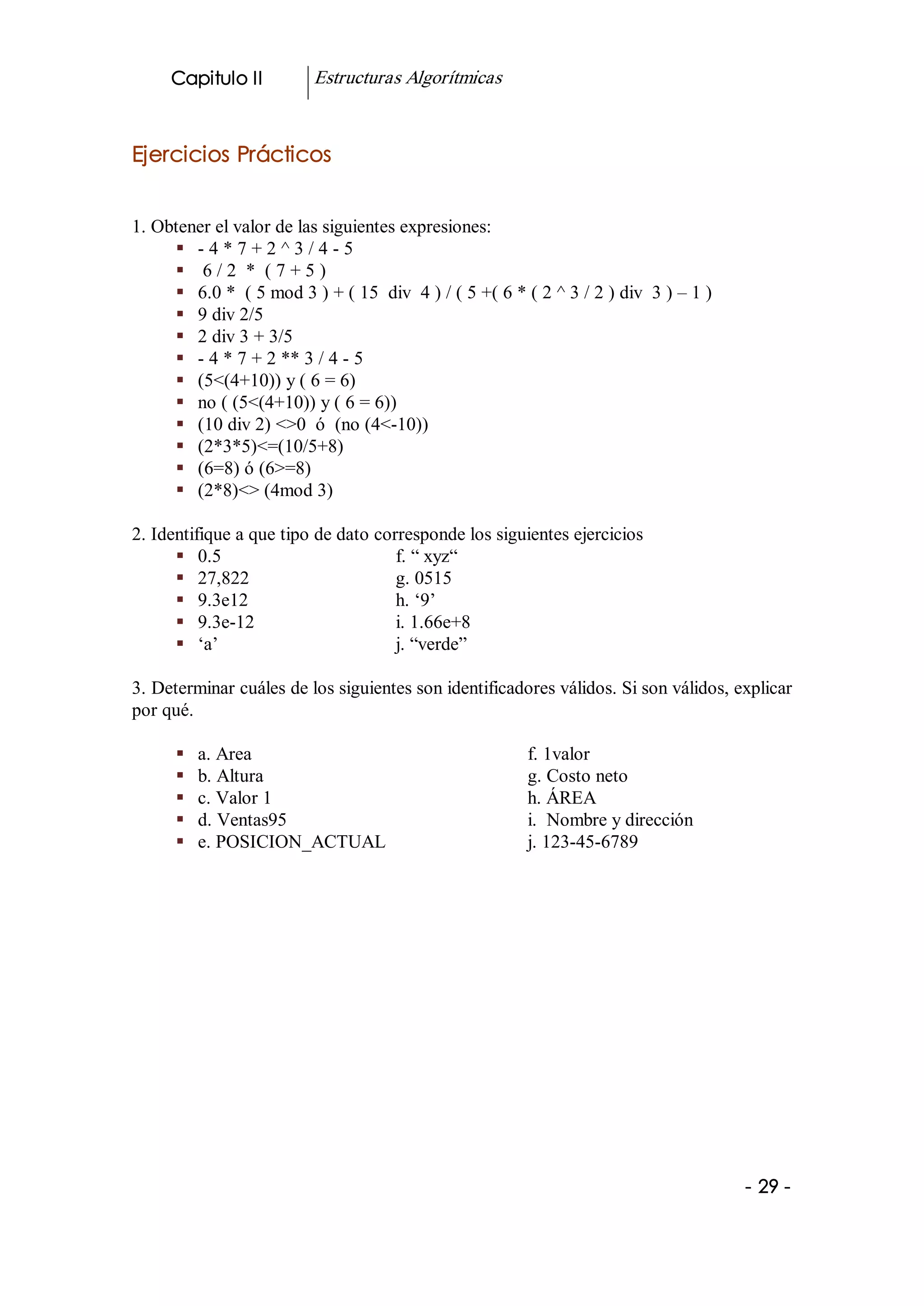 Capitulo II          Estructuras Algorítmicas 


Ejercicios Prácticos 


1. Obtener el valor de las siguientes expresiones: 
     §  ­ 4 * 7 + 2 ^ 3 / 4 ­ 5 
     §  6 / 2  *  ( 7 + 5 ) 
     §  6.0 *  ( 5 mod 3 ) + ( 15  div  4 ) / ( 5 +( 6 * ( 2 ^ 3 / 2 ) div  3 ) – 1 ) 
     §  9 div 2/5 
     §  2 div 3 + 3/5 
     §  ­ 4 * 7 + 2 ** 3 / 4 ­ 5 
     §  (5<(4+10)) y ( 6 = 6) 
     §  no ( (5<(4+10)) y ( 6 = 6)) 
     §  (10 div 2) <>0  ó  (no (4<­10)) 
     §  (2*3*5)<=(10/5+8) 
     §  (6=8) ó (6>=8) 
     §  (2*8)<> (4mod 3) 

2. Identifique a que tipo de dato corresponde los siguientes ejercicios 
      §  0.5                         f. “ xyz“ 
      §  27,822                      g. 0515 
      §  9.3e12                      h. ‘9’ 
      §  9.3e­12                     i. 1.66e+8 
      §  ‘a’                         j. “verde” 

3. Determinar cuáles de los siguientes son identificadores válidos. Si son válidos, explicar 
por qué.

      §    a. Area                                        f. 1valor 
      §    b. Altura                                      g. Costo neto 
      §    c. Valor 1                                     h. ÁREA 
      §    d. Ventas95                                    i.  Nombre y dirección 
      §    e. POSICION_ACTUAL                             j. 123­45­6789




                                                                                         ­ 29 ­
 