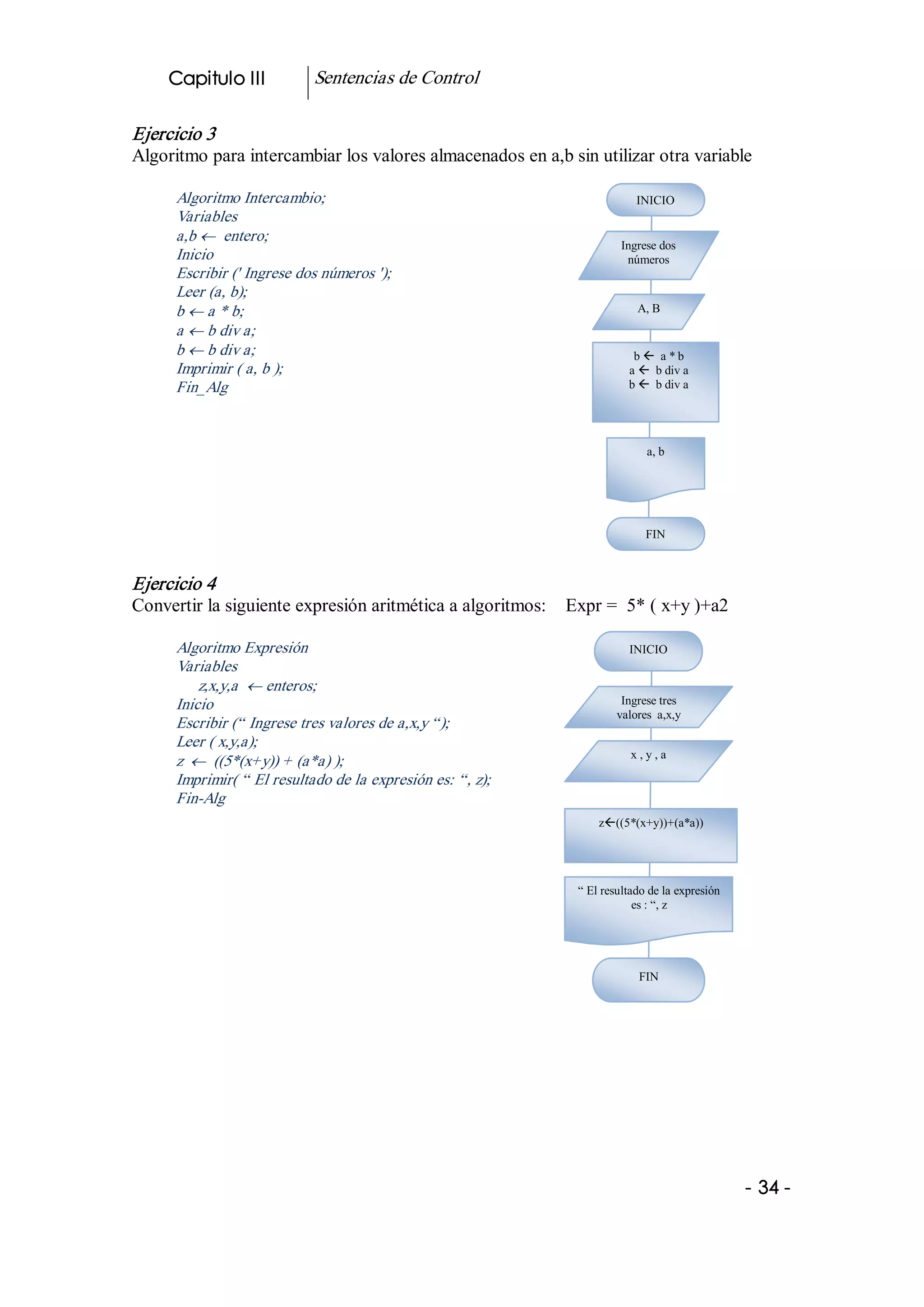 Capitulo III           Sentencias de Control 

Ejercicio 3 
Algoritmo para intercambiar los valores almacenados en a,b sin utilizar otra variable 

      Algoritmo Intercambio;                                             INICIO 
      Variables 
      a,b ¬  entero; 
                                                                      Ingrese dos 
      Inicio                                                           números 
      Escribir (' Ingrese dos números '); 
      Leer (a, b); 
      b ¬ a * b;                                                         A, B 
      a ¬ b div a; 
      b ¬ b div a;                                                      b ß  a * b 
      Imprimir ( a, b );                                               a ß  b div a 
      Fin_Alg                                                          b ß  b div a 




                                                                            a, b 




                                                                           FIN 



Ejercicio 4 
Convertir la siguiente expresión aritmética a algoritmos:    Expr =  5* ( x+y )+a2 

      Algoritmo Expresión                                              INICIO 
      Variables 
          z,x,y,a ¬ enteros; 
      Inicio                                                          Ingrese tres 
                                                                     valores  a,x,y
      Escribir (“ Ingrese tres valores de a,x,y “); 
      Leer ( x,y,a); 
                                                                        x , y , a 
      z ¬  ((5*(x+y)) + (a*a) ); 
      Imprimir( “ El resultado de la expresión es: “, z); 
      Fin­Alg 
                                                                 zß((5*(x+y))+(a*a)) 




                                                             “ El resultado de la expresión 
                                                                         es : “, z 




                                                                          FIN 




                                                                                               ­ 34 ­  
 