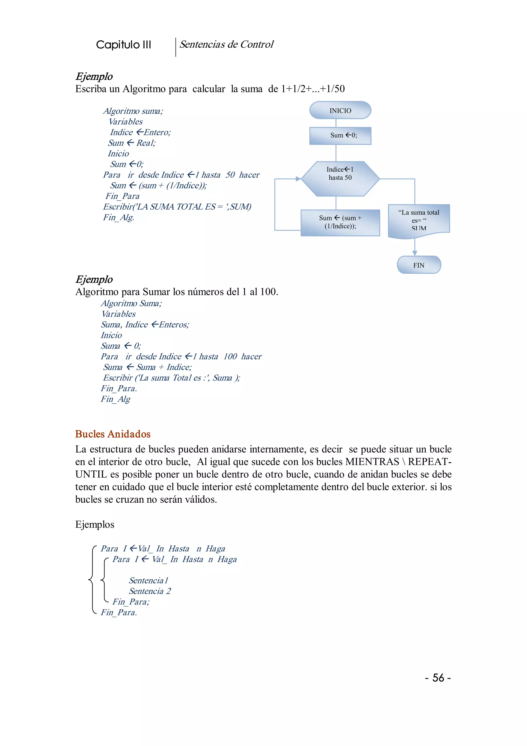 Capitulo III           Sentencias de Control 

Ejemplo 
Escriba un Algoritmo para  calcular  la suma  de 1+1/2+...+1/50 

      Algoritmo suma;                                         INICIO 
       Variables 
        Indice ßEntero;                                       Sum ß0; 
       Sum ß Real; 
       Inicio 
        Sum ß0;                                              Indiceß1 
      Para   ir  desde Indice ß1 hasta  50  hacer             hasta 50 
        Sum ß (sum + (1/Indice)); 
      Fin_Para 
      Escribir('LA SUMA TOTAL ES = ',SUM) 
                                                                              “La suma total 
      Fin_Alg.                                             Sum ß (sum +           es= “ 
                                                            (1/Indice));          SUM 




                                                                                   FIN 

Ejemplo 
Algoritmo para Sumar los números del 1 al 100. 
      Algoritmo Suma; 
      Variables 
      Suma, Indice ßEnteros; 
      Inicio 
      Suma ß 0; 
      Para   ir  desde Indice ß1 hasta  100  hacer 
       Suma ß Suma + Indice; 
       Escribir ('La suma Total es :', Suma ); 
      Fin_Para. 
      Fin_Alg 


Bucles Anidados 
La estructura de bucles pueden anidarse internamente, es decir  se puede situar un bucle 
en el interior de otro bucle,  Al igual que sucede con los bucles MIENTRAS  REPEAT­ 
UNTIL es posible poner un bucle dentro de otro bucle, cuando de anidan bucles se debe 
tener en cuidado que el bucle interior esté completamente dentro del bucle exterior. si los 
bucles se cruzan no serán válidos. 

Ejemplos 

      Para  I ßVal_ In  Hasta   n  Haga 
         Para  I ß Val_ In  Hasta  n  Haga 

             Sentencia1 
             Sentencia 2 
         Fin_Para; 
      Fin_Para. 




                                                                                       ­ 56 ­  
 