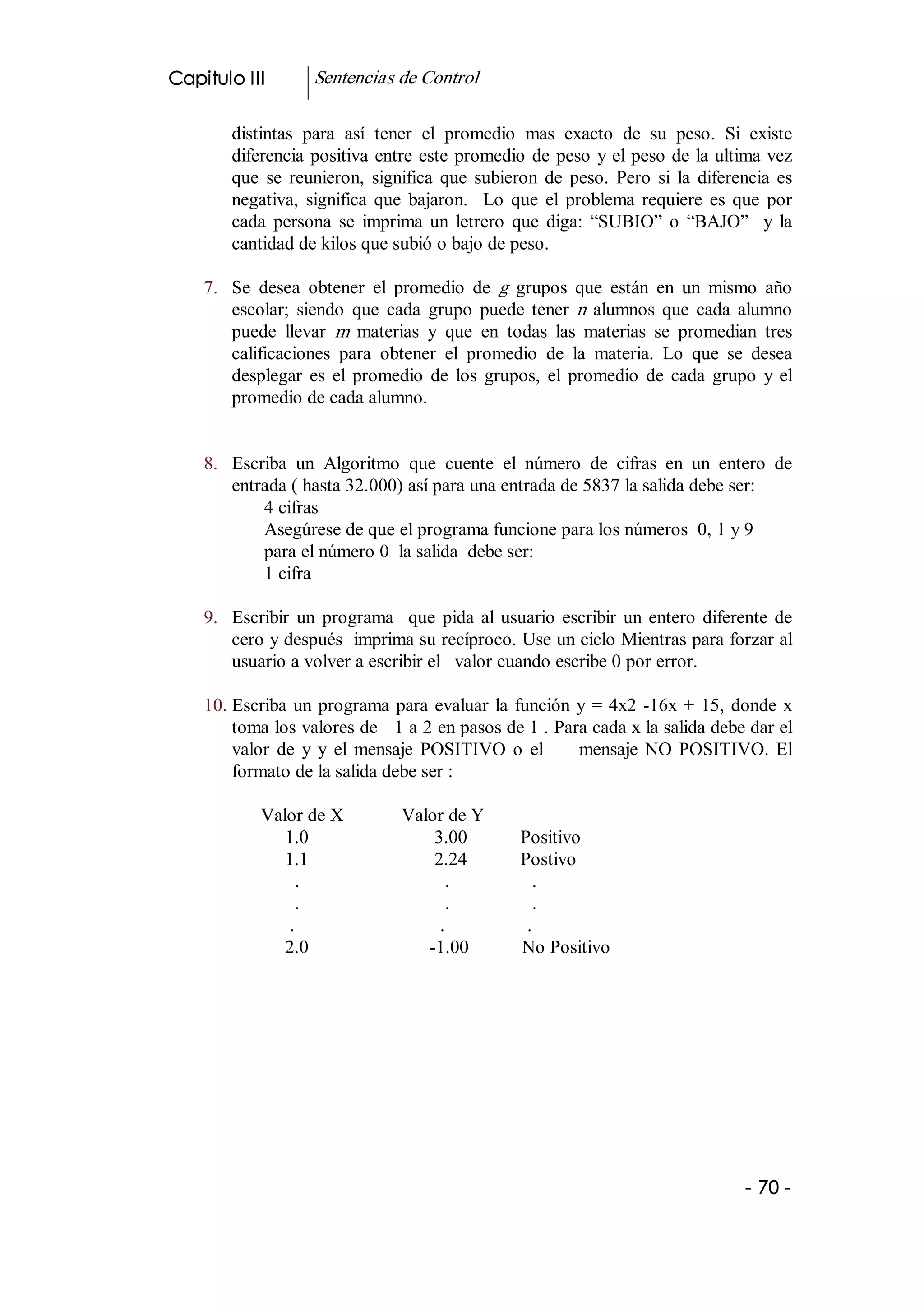 Capitulo III         Sentencias de Control 

        distintas  para  así  tener  el  promedio  mas  exacto  de  su  peso.  Si  existe 
        diferencia  positiva  entre  este  promedio  de  peso  y el peso de la ultima vez 
        que  se  reunieron,  significa  que  subieron  de  peso.  Pero  si  la  diferencia  es 
        negativa,  significa  que  bajaron.    Lo  que  el  problema  requiere  es  que  por 
        cada  persona  se  imprima  un  letrero  que  diga:  “SUBIO”  o  “BAJO”    y  la 
        cantidad de kilos que subió o bajo de peso. 

    7.  Se  desea  obtener  el  promedio  de  g  grupos  que  están  en  un  mismo  año 
        escolar;  siendo  que  cada  grupo  puede  tener  n  alumnos  que  cada  alumno 
        puede  llevar  m  materias  y  que  en  todas  las  materias  se  promedian  tres 
        calificaciones  para  obtener  el  promedio  de  la  materia.  Lo  que  se  desea 
        desplegar  es  el  promedio  de  los  grupos,  el  promedio  de  cada  grupo  y  el 
        promedio de cada alumno. 


    8.  Escriba  un  Algoritmo  que  cuente  el  número  de  cifras  en  un  entero  de 
        entrada ( hasta 32.000) así para una entrada de 5837 la salida debe ser: 
            4 cifras 
            Asegúrese de que el programa funcione para los números  0, 1 y 9 
            para el número 0  la salida  debe ser: 
            1 cifra 

    9.  Escribir  un  programa    que  pida  al  usuario  escribir  un  entero  diferente  de 
        cero y después  imprima su recíproco. Use un ciclo Mientras para forzar al 
        usuario a volver a escribir el   valor cuando escribe 0 por error. 

    10. Escriba  un  programa  para  evaluar  la  función  y  =  4x2  ­16x  +  15,  donde  x 
        toma los valores de   1 a 2 en pasos de 1 . Para cada x la salida debe dar el 
        valor  de  y  y  el  mensaje  POSITIVO  o  el          mensaje  NO  POSITIVO.  El 
        formato de la salida debe ser : 

            Valor de X            Valor de Y 
               1.0                          3.00                Positivo 
               1.1                          2.24           Postivo 
                 .                              .                 . 
                 .                              .                 . 
                .                              .                 . 
               2.0                           ­1.00           No Positivo




                                                                                       ­ 70 ­ 
 