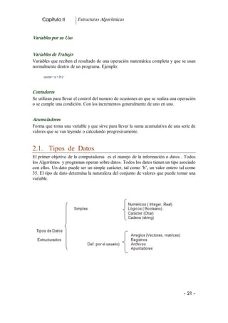 Capitulo II          Estructuras Algorítmicas 


Variables por su Uso 


Variables de Trabajo:  
Variables que reciben el resultado de una operación matemática completa y que se usan 
normalmente dentro de un programa. Ejemplo: 

      suma=a+b/c 


Contadores 
Se utilizan para llevar el control del numero de ocasiones en que se realiza una operación 
o se cumple una condición. Con los incrementos generalmente de uno en uno. 


Acumuladores 
Forma que toma una variable y que sirve para llevar la suma acumulativa de una serie de 
valores que se van leyendo o calculando progresivamente. 


2.1.  Tipos  de  Datos 
El primer objetivo de la computadoras  es el manejo de la información o datos . Todos 
los Algoritmos  y programas operan sobre datos. Todos los datos tienen un tipo asociado 
con ellos. Un dato puede ser un simple carácter, tal como ‘b’, un valor entero tal como 
35. El tipo de dato determina la naturaleza del conjunto de valores que puede tomar una 
variable.




                                                                                   ­ 21 ­  
 