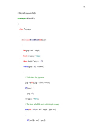Metodo de ordenamiento Comb Sort (explicacion sencilla en C#) | PDF
