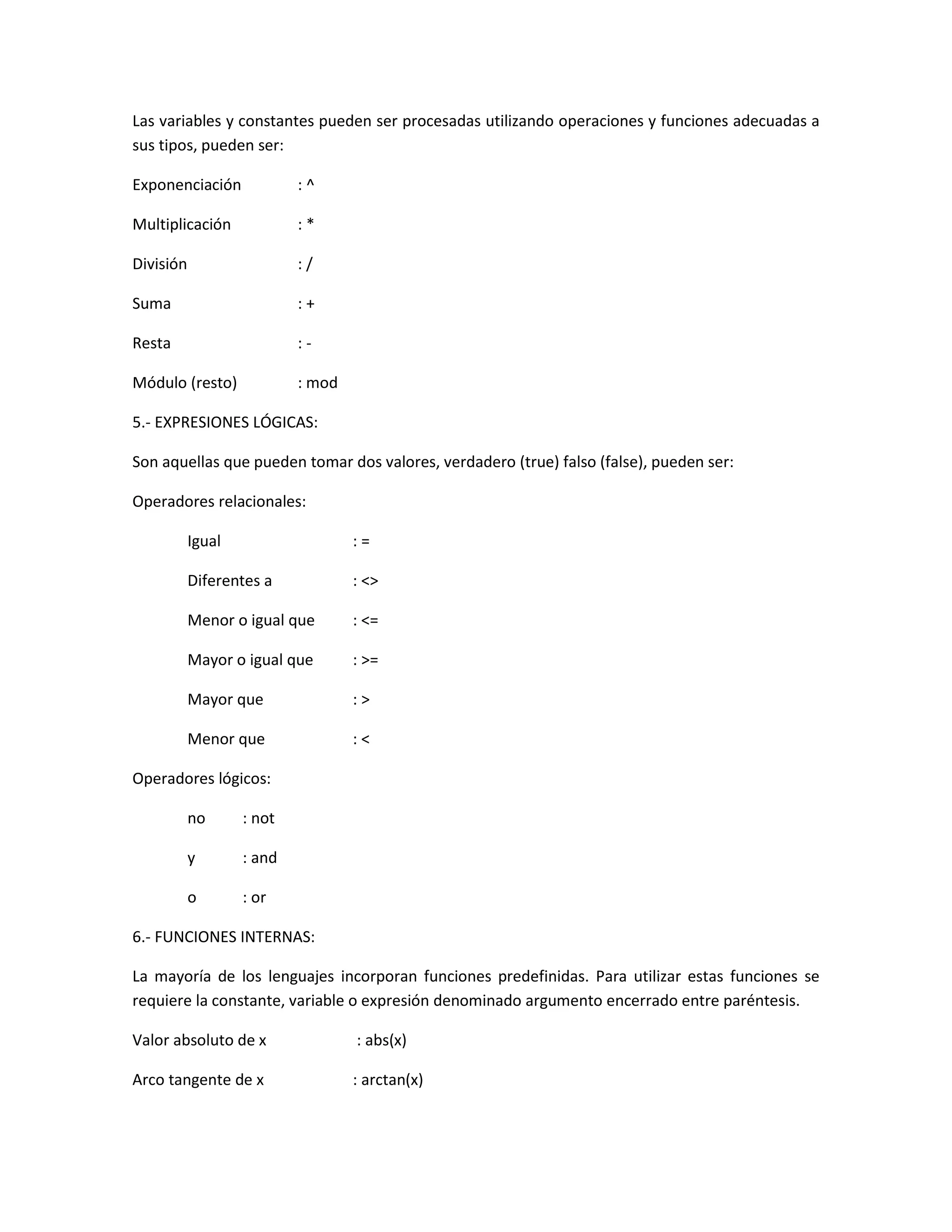 Las variables y constantes pueden ser procesadas utilizando operaciones y funciones adecuadas a
sus tipos, pueden ser:
Exponenciación : ^
Multiplicación : *
División : /
Suma : +
Resta : -
Módulo (resto) : mod
5.- EXPRESIONES LÓGICAS:
Son aquellas que pueden tomar dos valores, verdadero (true) falso (false), pueden ser:
Operadores relacionales:
Igual : =
Diferentes a : <>
Menor o igual que : <=
Mayor o igual que : >=
Mayor que : >
Menor que : <
Operadores lógicos:
no : not
y : and
o : or
6.- FUNCIONES INTERNAS:
La mayoría de los lenguajes incorporan funciones predefinidas. Para utilizar estas funciones se
requiere la constante, variable o expresión denominado argumento encerrado entre paréntesis.
Valor absoluto de x : abs(x)
Arco tangente de x : arctan(x)
 