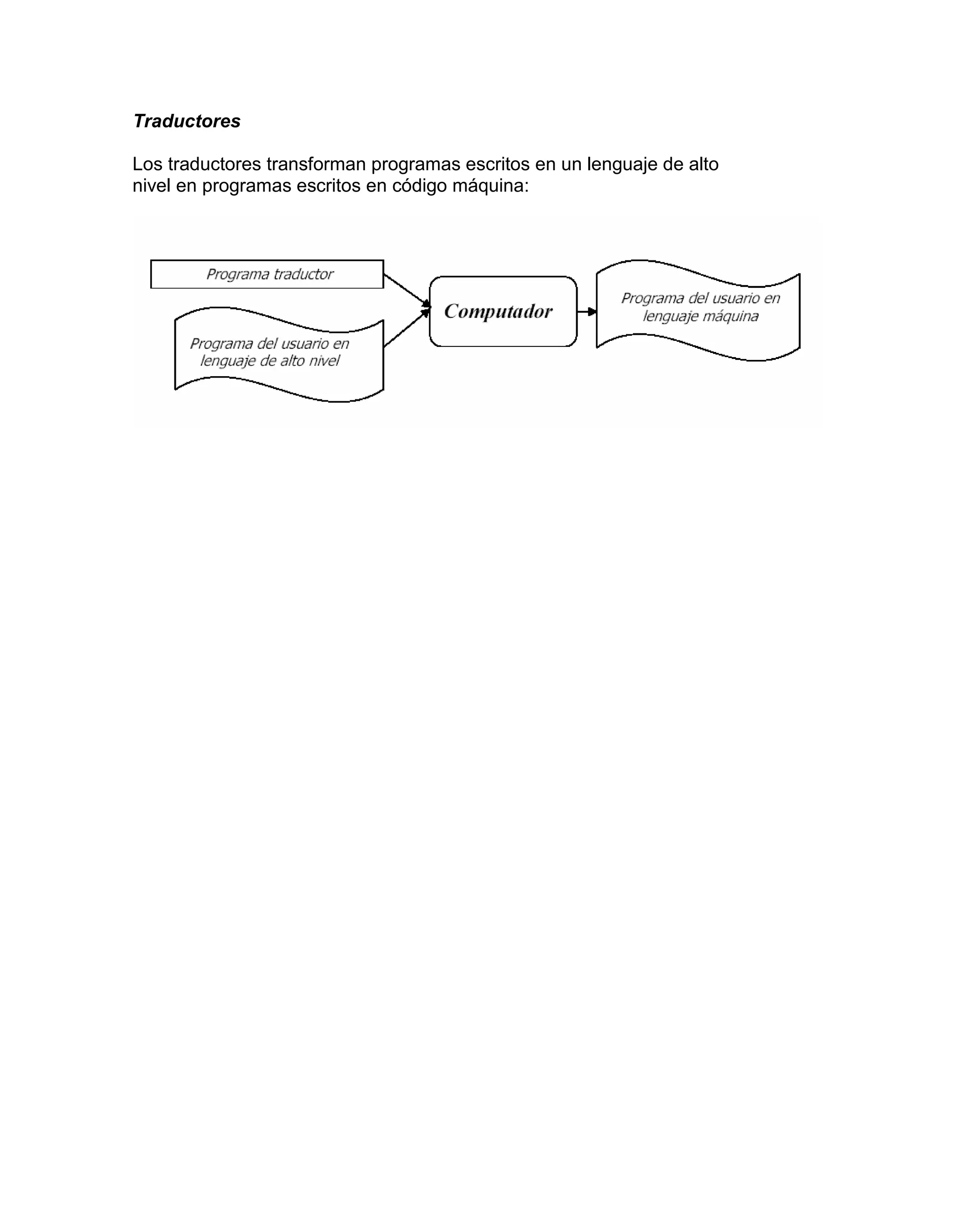 Traductores

Los traductores transforman programas escritos en un lenguaje de alto
nivel en programas escritos en código máquina:
 