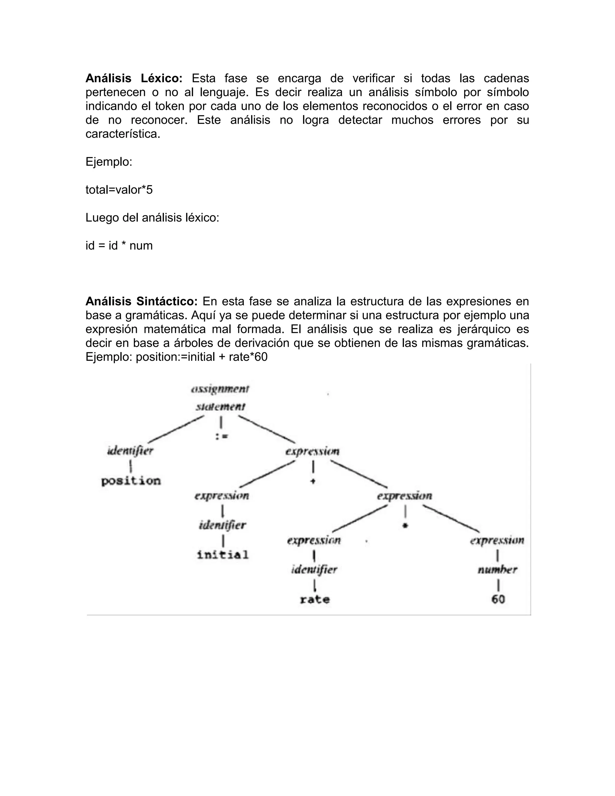 Análisis Léxico: Esta fase se encarga de verificar si todas las cadenas
pertenecen o no al lenguaje. Es decir realiza un análisis símbolo por símbolo
indicando el token por cada uno de los elementos reconocidos o el error en caso
de no reconocer. Este análisis no logra detectar muchos errores por su
característica.

Ejemplo:

total=valor*5

Luego del análisis léxico:

id = id * num



Análisis Sintáctico: En esta fase se analiza la estructura de las expresiones en
base a gramáticas. Aquí ya se puede determinar si una estructura por ejemplo una
expresión matemática mal formada. El análisis que se realiza es jerárquico es
decir en base a árboles de derivación que se obtienen de las mismas gramáticas.
Ejemplo: position:=initial + rate*60
 