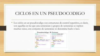 CICLOS EN UN PSEUDOCODIGO
• Los ciclos en un pseudocodigo son estructuras de control repetitivo, es decir,
son aquellas en las que una sentencian o grupos de sentencias se repiten
muchas veces, este conjunto de sentencias se denomina bucle o lazo.
 