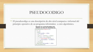 PSEUDOCODIGO
• El pseudocodigo es una descripción de alto nivel compacta e informal del
principio operativo de un programa informático u otro algorítmico.
 