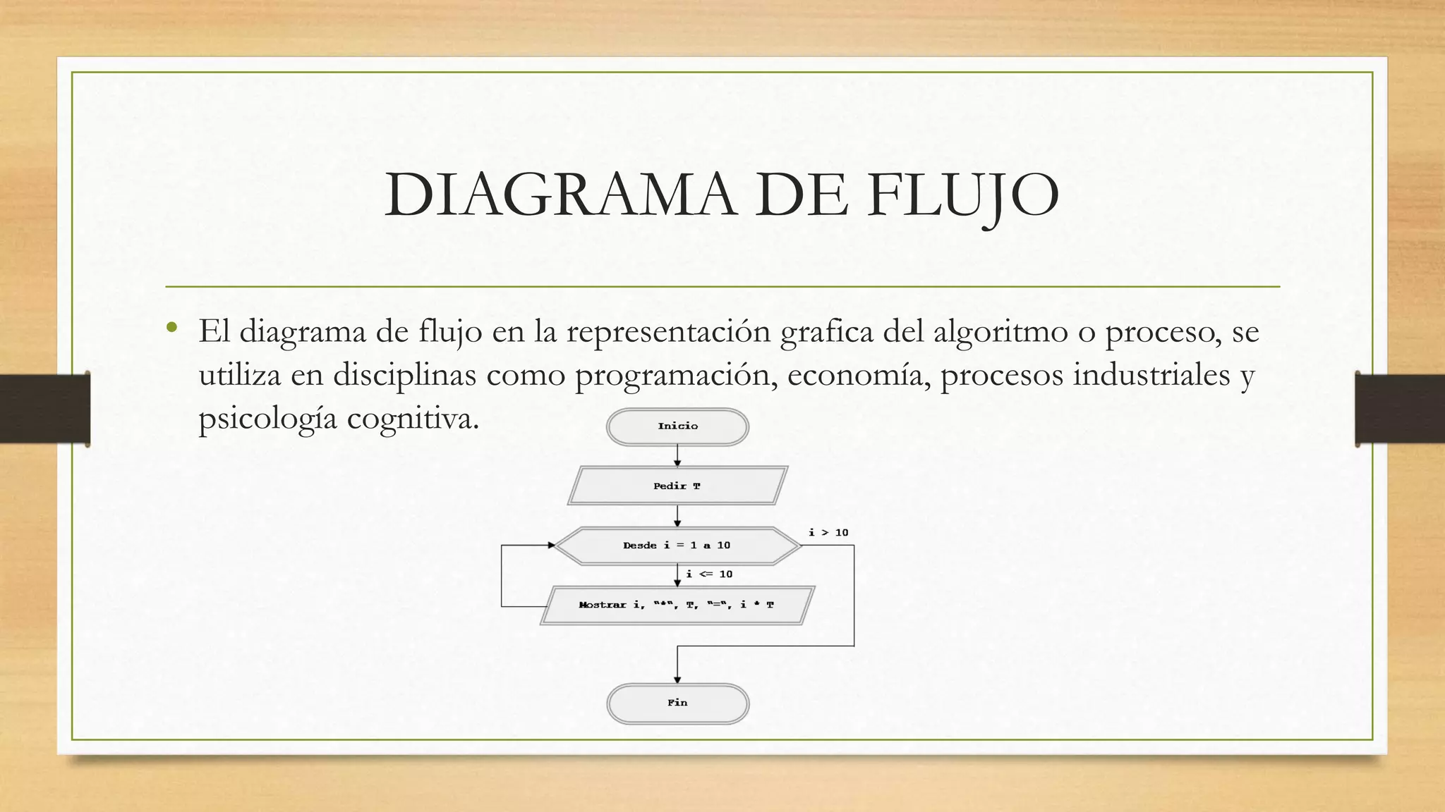 DIAGRAMA DE FLUJO
• El diagrama de flujo en la representación grafica del algoritmo o proceso, se
utiliza en disciplinas como programación, economía, procesos industriales y
psicología cognitiva.
 