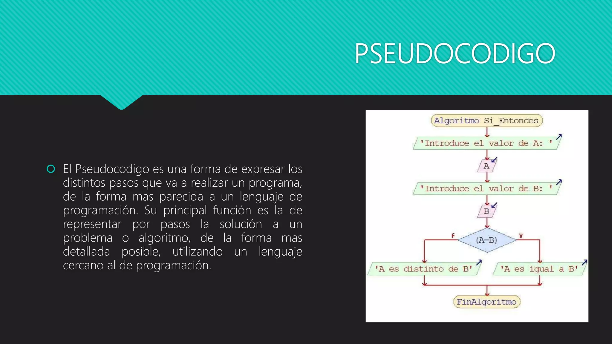 PSEUDOCODIGO
 El Pseudocodigo es una forma de expresar los
distintos pasos que va a realizar un programa,
de la forma mas parecida a un lenguaje de
programación. Su principal función es la de
representar por pasos la solución a un
problema o algoritmo, de la forma mas
detallada posible, utilizando un lenguaje
cercano al de programación.
 