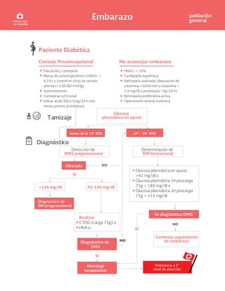 Embarazo población
general
Referencia a 2°
nivel de atención
Paciente Diabética
Tamizaje
Diagnóstico
Consejo Preconcepcional
Glucosa
plasmática en ayuno
Educación y consejería
Metas de control glucémico (HbA1c <
6.5%) y control en cifras de tensión
arterial (<130/80 mmHg)
Automonitoreo
Consejería nutricional
Indicar ácido fólico 5mg/24 h tres
meses previos al embarazo
No aconsejar embarazo
HbA1c > 10%
Cardiopatía isquémicia
Nefropatía avanzada (depuración de
creatinina <50ml/min o creatinina >
1.4 mg/dl o proteinuria >3g/24 h)
Retinopatía proliferativa activa
Hipertensión arterial sistémica
Antes de la 13° SDG
Alterada
24° - 28° SDG
Se diagnóstica DMG
Detección de
DM2 pregestacional
Determinación de
DM Gestacional
Glucosa plasmática en ayuno
>92 mg/dl o
Glucosa plasmática 1h poscarga
75g > 180 mg/dl o
Glucosa plasmática 2h poscarga
75g > 153 mg/dl
Continúa seguimiento
de embarazo
>126 mg/dl 92-126 mg/dl
Diagnóstico de
DM pregestacional
Diagnóstico de
DM2
Abordaje
terapéutico
Realizar
CTOG (carga 75g) o
HbA1c
 