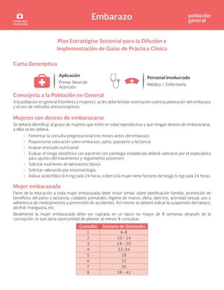 Embarazo población
general
Plan Estratégico Sectorial para la Difusión e
Implementación de Guías de Práctica Clínica
Carta Descriptiva
Consejería a la Población en General
A la población en general (hombres y mujeres), se les debe brindar orientación sobre la planeación del embarazo
y el uso de métodos anticonceptivos.
Mujeres con deseos de embarazarse
Se deberá identificar al grupo de mujeres que estén en edad reproductiva y que tengan deseos de embarazarse,
a ellas se les deberá:
• Fomentar la consulta pregestacional tres meses antes del embarazo.
• Proporcionar educación sobre embarazo, parto, puerperio y lactancia.
• Evaluar el estado nutricional.
• Evaluar el riesgo obstétrico (en paciente con patología establecida deberá valorarse por el especialista
para ajustes del tratamiento y seguimiento posterior).
• Solicitar exámenes de laboratorio básico.
• Solicitar valoración por estomatología.
• Indicar ácido fólico 0.4 mg cada 24 horas, o bien si la mujer tiene factores de riesgo 5 mg cada 24 horas.
Mujer embarazada
Parte de la educación a toda mujer embarazada debe incluir temas sobre planificación familiar, promoción de
beneficios del parto y lactancia, cuidados prenatales, higiene de manos, dieta, ejercicio, actividad sexual, uso y
adherencia de medicamentos y prevención de accidentes. Así mismo se deberá indicar la suspensión del tabaco,
alcohol, mariguana, etc.
Idealmente la mujer embarazada debe ser captada en un lapso no mayor de 8 semanas después de la
concepción, lo que daría oportunidad de planear al menos 8 consultas:
Consulta Semana de Gestación
1 6-8
2 10 - 14
3 18 - 20
4 22-24
5 28
6 32
7 36
8 38 - 41
 