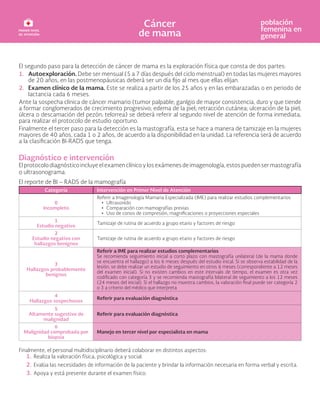 El segundo paso para la detección de cáncer de mama es la exploración física que consta de dos partes:
1. Autoexploración. Debe ser mensual (5 a 7 días después del ciclo menstrual) en todas las mujeres mayores
de 20 años, en las postmenopáusicas deberá ser un día fijo al mes que ellas elijan.
2. Examen clínico de la mama. Este se realiza a partir de los 25 años y en las embarazadas o en periodo de
lactancia cada 6 meses.
Ante la sospecha clinica de cáncer mamario (tumor palpable; ganlgio de mayor consistencia, duro y que tiende
a formar conglomerados de crecimiento progresivo; edema de la piel; retracción cutánea; ulceración de la piel;
úlcera o descamación del pezón; telorrea) se deberá referir al segundo nivel de atención de forma inmediata,
para realizar el protocolo de estudio oportuno.
Finalmente el tercer paso para la detección es la mastografía, esta se hace a manera de tamizaje en la mujeres
mayores de 40 años, cada 1 o 2 años, de acuerdo a la disponibilidad en la unidad. La referencia será de acuerdo
a la clasificación BI-RADS que tenga.
Diagnóstico e intervención
Elprotocolodiagnósticoincluyeelexamenclínicoylosexámenesdeimagenología,estospuedensermastografía
o ultrasonograma.
El reporte de BI – RADS de la mamografía
Categoría Intervención en Primer Nivel de Atención
0
Incompleto
Referir a Imagenología Mamaria Especializada (IME) para realizar estudios complementarios
• Ultrasonido
• Comparación con mamografías previas
• Uso de conos de compresión, magnificaciones o proyecciones especiales
1
Estudio negativo
Tamizaje de rutina de acuerdo a grupo etario y factores de riesgo
2
Estudio negativo con
hallazgos benignos
Tamizaje de rutina de acuerdo a grupo etario y factores de riesgo
3
Hallazgos probablemente
benignos
Referir a IME para realizar estudios complementarios
Se recomienda seguimiento inicial a corto plazo con mastografía unilateral (de la mama donde
se encuentra el hallazgo) a los 6 meses después del estudio inical. Si se observa estabilidad de la
lesión, se debe realizar un estudio de seguimiento en otros 6 meses (correspondiente a 12 meses
del examen inicial). Si no existen cambios en este intervalo de tiempo, el examen es otra vez
codificado con categoría 3 y se recomienda mastografía bilateral de seguimiento a los 12 meses
(24 meses del inicial). Si el hallazgo no muestra cambios, la valoración final puede ser categoría 2
o 3 a criterio del médico que interpreta
4
Hallazgos sospechosos
Referir para evaluación diagnóstica
5
Altamente sugestivo de
malignidad
Referir para evaluación diagnóstica
6
Malignidad comprobada por
biopsia
Manejo en tercer nivel por especialista en mama
Finalmente, el personal multidisciplinario deberá colaborar en distintos aspectos:
1. Realiza la valoración física, psicológica y social.
2. Evalúa las necesidades de información de la paciente y brindar la información necesaria en forma verbal y escrita.
3. Apoya y está presente durante el examen físico.
 
