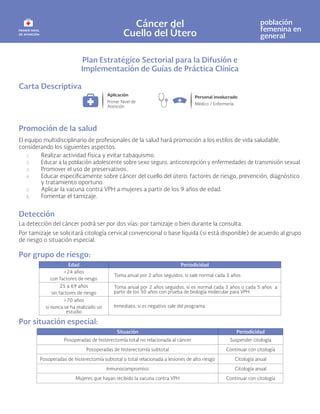 Cáncer del
Cuello del Útero
población
femenina en
general
Plan Estratégico Sectorial para la Difusión e
Implementación de Guías de Práctica Clínica
Carta Descriptiva
Promoción de la salud
El equipo multidisciplinario de profesionales de la salud hará promoción a los estilos de vida saludable,
considerando los siguientes aspectos:
1. Realizar actividad física y evitar tabaquismo.
2. Educar a la población adolescente sobre sexo seguro, anticoncepción y enfermedades de transmisión sexual.
3. Promover el uso de preservativos.
4. Educar especificamente sobre cáncer del cuello del útero: factores de riesgo, prevención, diagnóstico
y tratamiento oportuno.
5. Aplicar la vacuna contra VPH a mujeres a partir de los 9 años de edad.
6. Fomentar el tamizaje.
Detección
La detección del cáncer podrá ser por dos vías: por tamizaje o bien durante la consulta.
Por tamizaje se solicitará citología cervical convencional o base líquida (si está disponible) de acuerdo al grupo
de riesgo o situación especial.
Por grupo de riesgo:
Edad Periodicidad
<24 años
con factores de riesgo
Toma anual por 2 años seguidos, si sale normal cada 3 años
25 a 69 años
sin factores de riesgo
Toma anual por 2 años seguidos, si es normal cada 3 años o cada 5 años a
partir de los 30 años con prueba de biología molecular para VPH
>70 años
si nunca se ha realizado un
estudio
Inmediato, si es negativo sale del programa
Por situación especial:
Situación Periodicidad
Posoperadas de histerectomía total no relacionada al cáncer Suspender citología
Posoperadas de histerectomía subtotal Continuar con citología
Posoperadas de histerectomía subtotal o total relacionada a lesiones de alto riesgo Citología anual
Inmunocompromiso Citología anual
Mujeres que hayan recibido la vacuna contra VPH Continuar con citología
 