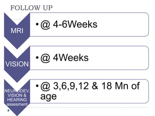 FOLLOW UP
MRI
•@ 4-6Weeks
VISION
•@ 4Weeks
NEURODEV.
VISION &
HEARING
assesment
•@ 3,6,9,12 & 18 Mn of
age
 