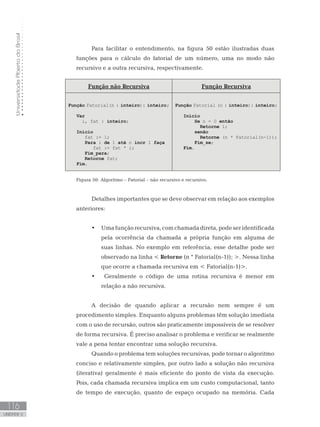 Universidade
Aberta
do
Brasil
116
UNIDADE V
Para facilitar o entendimento, na figura 50 estão ilustradas duas
funções para o cálculo do fatorial de um número, uma no modo não
recursivo e a outra recursiva, respectivamente.
Função não Recursiva Função Recursiva
Função Fatorial(n : inteiro): inteiro;
Var
     i, fat : inteiro;
Início
      fat := 1;
Para i de 1 até n incr 1 faça
  fat := fat * i;
Fim_para;
Retorne fat;
Fim.
Função Fatorial (n : inteiro): inteiro;
Início
Se n = 0 então
Retorne 1;
senão
Retorne (n * Fatorial(n-1));
Fim_se;
Fim.
Figura 50: Algoritmo – Fatorial – não recursivo e recursivo.
Detalhes importantes que se deve observar em relação aos exemplos
anteriores:
• Uma funçãorecursiva,com chamada direta, pode ser identificada
pela ocorrência da chamada a própria função em alguma de
suas linhas. No exemplo em referência, esse detalhe pode ser
observado na linha  Retorne (n * Fatorial(n-1)); . Nessa linha
que ocorre a chamada recursiva em  Fatorial(n-1).
• Geralmente o código de uma rotina recursiva é menor em
relação a não recursiva.
A decisão de quando aplicar a recursão nem sempre é um
procedimento simples. Enquanto alguns problemas têm solução imediata
com o uso de recursão, outros são praticamente impossíveis de se resolver
de forma recursiva. É preciso analisar o problema e verificar se realmente
vale a pena tentar encontrar uma solução recursiva.
Quando o problema tem soluções recursivas, pode tornar o algoritmo
conciso e relativamente simples, por outro lado a solução não recursiva
(iterativa) geralmente é mais eficiente do ponto de vista da execução.
Pois, cada chamada recursiva implica em um custo computacional, tanto
de tempo de execução, quanto de espaço ocupado na memória. Cada
 
