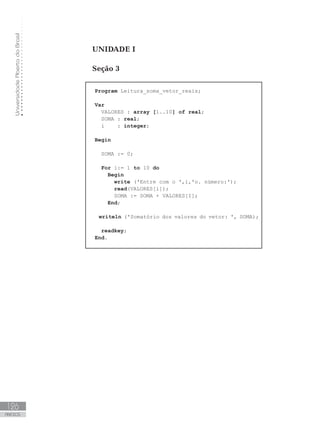 Universidade
Aberta
do
Brasil
126
ANEXOS
UNIDADE I
Seção 3
Program Leitura_soma_vetor_reais;
Var
VALORES : array [1..10] of real;
SOMA : real;
i : integer;
Begin
SOMA := 0;
For i:= 1 to 10 do
Begin
write (ꞌEntre com o ꞌ,i,ꞌo. número:ꞌ);
read(VALORES[i]);
SOMA := SOMA + VALORES[I];
End;
writeln (ꞌSomatório dos valores do vetor: ꞌ, SOMA);
readkey;
End.
 