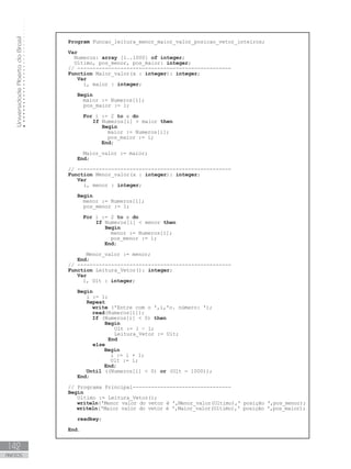 Universidade
Aberta
do
Brasil
142
ANEXOS
Program Funcao_leitura_menor_maior_valor_posicao_vetor_inteiros;
Var
Numeros: array [1..1000] of integer;
    Ultimo, pos_menor, pos_maior: integer;
// --------------------------------------------------
Function Maior_valor(x : integer): integer;
Var
i, maior : integer;
Begin
maior := Numeros[1];
       pos_maior := 1;
For i := 2 to x do
If Numeros[i]  maior then
Begin
maior := Numeros[i];
        pos_maior := i;
End;
			
Maior_valor := maior;
End;
		
// --------------------------------------------------
Function Menor_valor(x : integer): integer;
Var
i, menor : integer;
Begin
menor := Numeros[1];
       pos_menor := 1;
For i := 2 to x do
If Numeros[i]  menor then
Begin
menor := Numeros[i];
         pos_menor := i;
End;
Menor_valor := menor;
End;
// --------------------------------------------------
Function Leitura_Vetor(): integer;
Var
i, Ult : integer;
Begin
i := 1;
Repeat
write (ꞌEntre com o ꞌ,i,ꞌo. número: ꞌ);  
read(Numeros[i]);
If (Numeros[i]  0) then
Begin
Ult := i - 1;
Leitura_Vetor := Ult;
End
else
		Begin
		 i := i + 1;
		 Ult := i;
		End;
Until ((Numeros[i]  0) or (Ult = 1000));
End;
  // Programa Principal--------------------------------
Begin
Ultimo := Leitura_Vetor();
writeln(ꞌMenor valor do vetor é ꞌ,Menor_valor(Ultimo),ꞌ posição ꞌ,pos_menor);
writeln(ꞌMaior valor do vetor é ꞌ,Maior_valor(Ultimo),ꞌ posição ꞌ,pos_maior);
readkey;
End.
 
