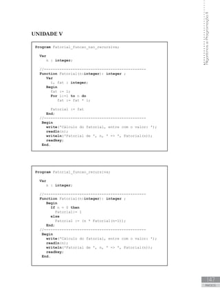 147
ANEXOS
Algoritmos
e
Programação
II
UNIDADE V
Program Fatorial_funcao_nao_recursiva;
Var
n : integer;
//----------------------------------------------
Function Fatorial(n:integer): integer ;
Var
       i, fat : integer;
Begin
       fat := 1;
For i:=1 to n do
          fat := fat * i;
Fatorial := fat
End;
//----------------------------------------------
Begin
write(ꞌCálculo do fatorial, entre com o valor: ꞌ);
readln(n);
writeln(ꞌFatorial de ꞌ, n, ꞌ = ꞌ, Fatorial(n));
readkey;
End.
Program Fatorial_funcao_recursiva;
Var
n : integer;
//----------------------------------------------
Function Fatorial(n:integer): integer ;
Begin
If n = 0 then
Fatorial:= 1
else
Fatorial := (n * Fatorial(n-1));
End;
//----------------------------------------------
Begin
write(ꞌCálculo do fatorial, entre com o valor: ꞌ);
readln(n);
writeln(ꞌFatorial de ꞌ, n, ꞌ = ꞌ, Fatorial(n));
readkey;
End.
 
