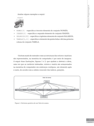 Algoritmos
e
Programação
II
17
UNIDADE I
• NOMES[3] - especifica o terceiro elemento do conjunto NOMES;
• IDADES[2] - especifica o segundo elemento do conjunto IDADES;
• SALARIOS[20] - especifica o vigésimo elemento do conjunto SALARIOS;
• TABELA[5,11] - especifica o elemento da quinta linha e décima primeira
coluna do conjunto TABELA.
Um bom modo de entender como as estruturas dos vetores e matrizes
são representados, na memória do computador, é por meio de imagens.
A seguir duas ilustrações, figuras 1 e 2, que ajudam a abstrair a ideia,
uma vez que as variáveis indexadas, vetores e matriz são armazenados
na memória do computador em endereços contíguos, um elemento após
o outro, de acordo com a ordem crescente dos índices, posições.
Figura 1: Estrutura genérica de um Vetor de nomes.
Analise alguns exemplos a seguir:
 