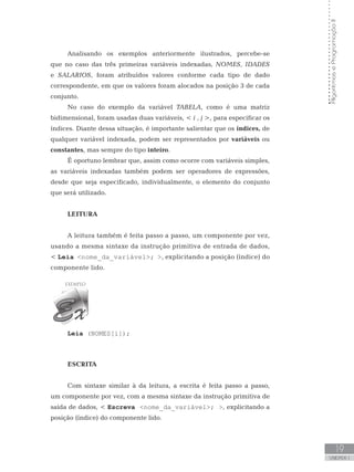 Algoritmos
e
Programação
II
19
UNIDADE I
Analisando os exemplos anteriormente ilustrados, percebe-se
que no caso das três primeiras variáveis indexadas, NOMES, IDADES
e SALARIOS, foram atribuídos valores conforme cada tipo de dado
correspondente, em que os valores foram alocados na posição 3 de cada
conjunto.
No caso do exemplo da variável TABELA, como é uma matriz
bidimensional, foram usadas duas variáveis,  i , j , para especificar os
índices. Diante dessa situação, é importante salientar que os índices, de
qualquer variável indexada, podem ser representados por variáveis ou
constantes, mas sempre do tipo inteiro.
É oportuno lembrar que, assim como ocorre com variáveis simples,
as variáveis indexadas também podem ser operadores de expressões,
desde que seja especificado, individualmente, o elemento do conjunto
que será utilizado.
LEITURA
A leitura também é feita passo a passo, um componente por vez,
usando a mesma sintaxe da instrução primitiva de entrada de dados,
 Leia nome_da_variável; , explicitando a posição (índice) do
componente lido.
Leia (NOMES[i]);
ESCRITA
Com sintaxe similar à da leitura, a escrita é feita passo a passo,
um componente por vez, com a mesma sintaxe da instrução primitiva de
saída de dados,  Escreva nome_da_variável; , explicitando a
posição (índice) do componente lido.
 