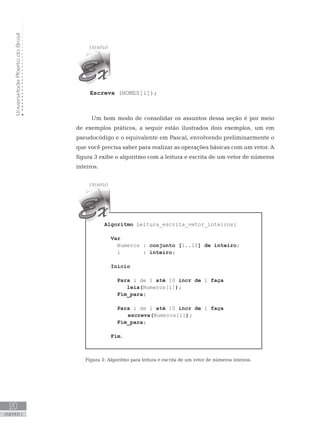 Universidade
Aberta
do
Brasil
20
UNIDADE I
Escreva (NOMES[i]);
Um bom modo de consolidar os assuntos dessa seção é por meio
de exemplos práticos, a seguir estão ilustrados dois exemplos, um em
pseudocódigo e o equivalente em Pascal, envolvendo preliminarmente o
que você precisa saber para realizar as operações básicas com um vetor. A
figura 3 exibe o algoritmo com a leitura e escrita de um vetor de números
inteiros.
Algoritmo Leitura_escrita_vetor_inteiros;
Var
Numeros : conjunto [1..10] de inteiro;
i : inteiro;
Início
Para i de 1 até 10 incr de 1 faça
leia(Numeros[i]);
Fim_para;
Para i de 1 até 10 incr de 1 faça
escreva(Numeros[i]);
Fim_para;
Fim.
Figura 3: Algoritmo para leitura e escrita de um vetor de números inteiros.
 