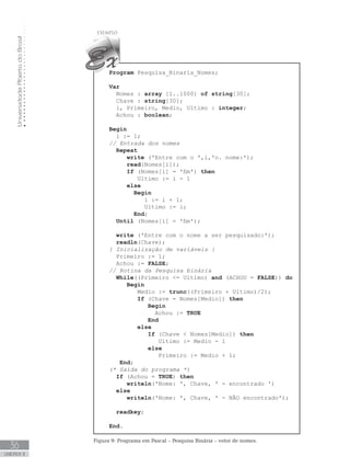 Universidade
Aberta
do
Brasil
36
UNIDADE II
Program Pesquisa_Binaria_Nomes;
Var
Nomes : array [1..1000] of string[30];
Chave : string[30];
i, Primeiro, Medio, Ultimo : integer;
Achou : boolean;
Begin
i := 1;
// Entrada dos nomes
Repeat
write (ꞌEntre com o ꞌ,i,ꞌo. nome:ꞌ);
read(Nomes[i]);
If (Nomes[i] = ꞌfimꞌ) then
Ultimo := i - 1
else
Begin
		 i := i + 1;
		 Ultimo := i;
End;
Until (Nomes[i] = ꞌfimꞌ);
write (ꞌEntre com o nome a ser pesquisado:ꞌ);
readln(Chave);
{ Inicialização de variáveis }		
Primeiro := 1;
Achou := FALSE;
// Rotina da Pesquisa binária		
While((Primeiro = Ultimo) and (ACHOU = FALSE)) do
Begin
Medio := trunc((Primeiro + Ultimo)/2);
If (Chave = Nomes[Medio]) then
		 Begin
		 Achou := TRUE
		 End
else
If (Chave  Nomes[Medio]) then
		 Ultimo := Medio - 1
		 else
		 Primeiro := Medio + 1;
End;
(* Saída do programa *)
If (Achou = TRUE) then
writeln(ꞌNome: ꞌ, Chave, ꞌ - encontrado ꞌ)
else
writeln(ꞌNome: ꞌ, Chave, ꞌ - NÃO encontradoꞌ);
readkey;
End.
Figura 9: Programa em Pascal – Pesquisa Binária – vetor de nomes.
 