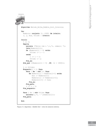 43
UNIDADE II
Algoritmos
e
Programação
II
Algoritmo Metodo_Bolha_Bubble_Sort_Inteiros;
Var
Numeros: conjunto [1..1000] de inteiro;
i, j, Aux, Ultimo : inteiro;
Início
i := 1;
Repita
escreva (ꞌEntre com o ꞌ,i,ꞌo. número: ꞌ);  
leia(Numeros[i]);
Se (Numeros[i]  0) então
Ultimo := i - 1
senão
i := i + 1;
Ultimo := i;
Fim_se;
Até_que ((Numeros[i]  0) .OU. (i = 1000));
j := Ultimo;
Enquanto(j  1) faça
Para i de 1 até j-1 faça
Se Numeros[i]  Numeros[i+1] então
Aux := Numeros[i];
		 Numeros[i] := Numeros[i+1];
		 Numeros[i+1] := Aux;
Fim_se;
Fim_para;
j := j - 1;
Fim_enquanto;
Para i de 1 até Ultimo faça
escreva(i,ꞌo. - ꞌ,Numeros[i]);
Fim_para;
End.
Figura 11: Algoritmo – Bubble Sort – vetor de números inteiros.
 