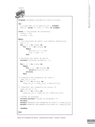 57
UNIDADE II
Algoritmos
e
Programação
II
Program Tratamento_de_Matriz_linhas_colunas;
Var
i,j,num,soma_lin_5,soma_col_10 : integer;
Matriz: array [1..100, 1..100] of integer;
Const // Declaração de constantes
linhas = 10;
colunas = 10;
Begin
// Inicialização da matriz com números sequenciais
num := 1;
For i := 1 to linhas do
For j := 1 to colunas do
Begin
Matriz[i,j] := num;
		 num := num + 1;
End;
// Exibição dos dados da matriz
writeln(ꞌConteúdo da Matriz: ꞌ);
For i := 1 to linhas do
Begin
For j := 1 to colunas do
write(Matriz[i,j]:5);
writeln;
End;
// Somatório dos elementos da linha 5
soma_lin_5 := 0;
For j := 1 to colunas do
soma_lin_5 := soma_lin_5 + Matriz[5,j];
// Somatório dos elementos da coluna 10
soma_col_10 := 0;
For i := 1 to linhas do
soma_col_10 := soma_col_10 + Matriz[i,10];
// Saídas do programa
writeln;writeln(ꞌSaídas do programa: ꞌ);
writeln;
writeln(ꞌSomatório dos elementos da linha 5: ꞌ,soma_lin_5);
writeln(ꞌSomatório dos elementos da coluna 10: ꞌ,soma_col_10);
readkey;
End.
Figura 19: Programa em Pascal – tratamento de matriz – linhas e colunas.
 
