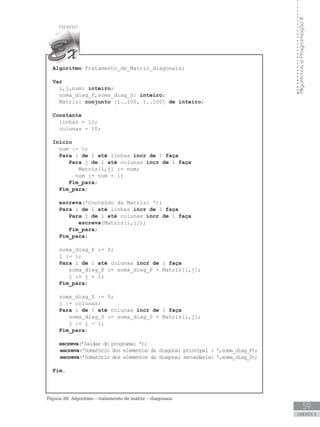 59
UNIDADE II
Algoritmos
e
Programação
II
Algoritmo Tratamento_de_Matriz_diagonais;
Var
i,j,num: inteiro;
    soma_diag_P,soma_diag_S: inteiro;
Matriz: conjunto [1..100, 1..100] de inteiro;
Constante
linhas = 10;
colunas = 10;
Início
num := 1;
Para i de 1 até linhas incr de 1 faça
Para j de 1 até colunas incr de 1 faça
Matriz[i,j] := num;
num := num + 1;
Fim_para;
Fim_para;
escreva(ꞌConteúdo da Matriz: ꞌ);
Para i de 1 até linhas incr de 1 faça
Para j de 1 até colunas incr de 1 faça
escreva(Matriz[i,j]);
Fim_para;
Fim_para;
    soma_diag_P := 0;
j := 1;
Para i de 1 até colunas incr de 1 faça
       soma_diag_P := soma_diag_P + Matriz[i,j];
j := j + 1;
Fim_para;
    soma_diag_S := 0;
j := colunas;
Para i de 1 até colunas incr de 1 faça
       soma_diag_S := soma_diag_S + Matriz[i,j];
j := j - 1;
Fim_para;
escreva(ꞌSaídas do programa: ꞌ);
escreva(ꞌSomatório dos elementos da diagonal principal : ꞌ,soma_diag_P);
escreva(ꞌSomatório dos elementos da diagonal secundária: ꞌ,soma_diag_S);    
Fim.
Figura 20: Algoritmo – tratamento de matriz – diagonais.
 