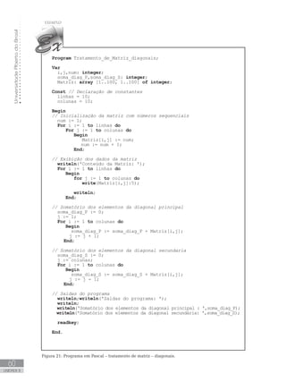 Universidade
Aberta
do
Brasil
60
UNIDADE II
Program Tratamento_de_Matriz_diagonais;
Var
i,j,num: integer;
    soma_diag_P,soma_diag_S: integer;
Matriz: array [1..100, 1..100] of integer;
Const // Declaração de constantes
linhas = 10;
colunas = 10;
Begin
// Inicialização da matriz com números sequenciais
num := 1;
For i := 1 to linhas do
For j := 1 to colunas do
Begin
Matriz[i,j] := num;
		 num := num + 1;
End;
// Exibição dos dados da matriz
writeln(ꞌConteúdo da Matriz: ꞌ);
For i := 1 to linhas do
Begin
for j := 1 to colunas do
write(Matriz[i,j]:5);
writeln;
End;
// Somatório dos elementos da diagonal principal
    soma_diag_P := 0;
j := 1;
For i := 1 to colunas do
Begin
         soma_diag_P := soma_diag_P + Matriz[i,j];
j := j + 1;
End;
// Somatório dos elementos da diagonal secundaria
    soma_diag_S := 0;
j := colunas;
For i := 1 to colunas do
Begin
         soma_diag_S := soma_diag_S + Matriz[i,j];
j := j - 1;
End;
// Saídas do programa
writeln;writeln(ꞌSaídas do programa: ꞌ);
writeln;
writeln(ꞌSomatório dos elementos da diagonal principal : ꞌ,soma_diag_P);
writeln(ꞌSomatório dos elementos da diagonal secundária: ꞌ,soma_diag_S);    
readkey;
End.
Figura 21: Programa em Pascal – tratamento de matriz – diagonais.
 