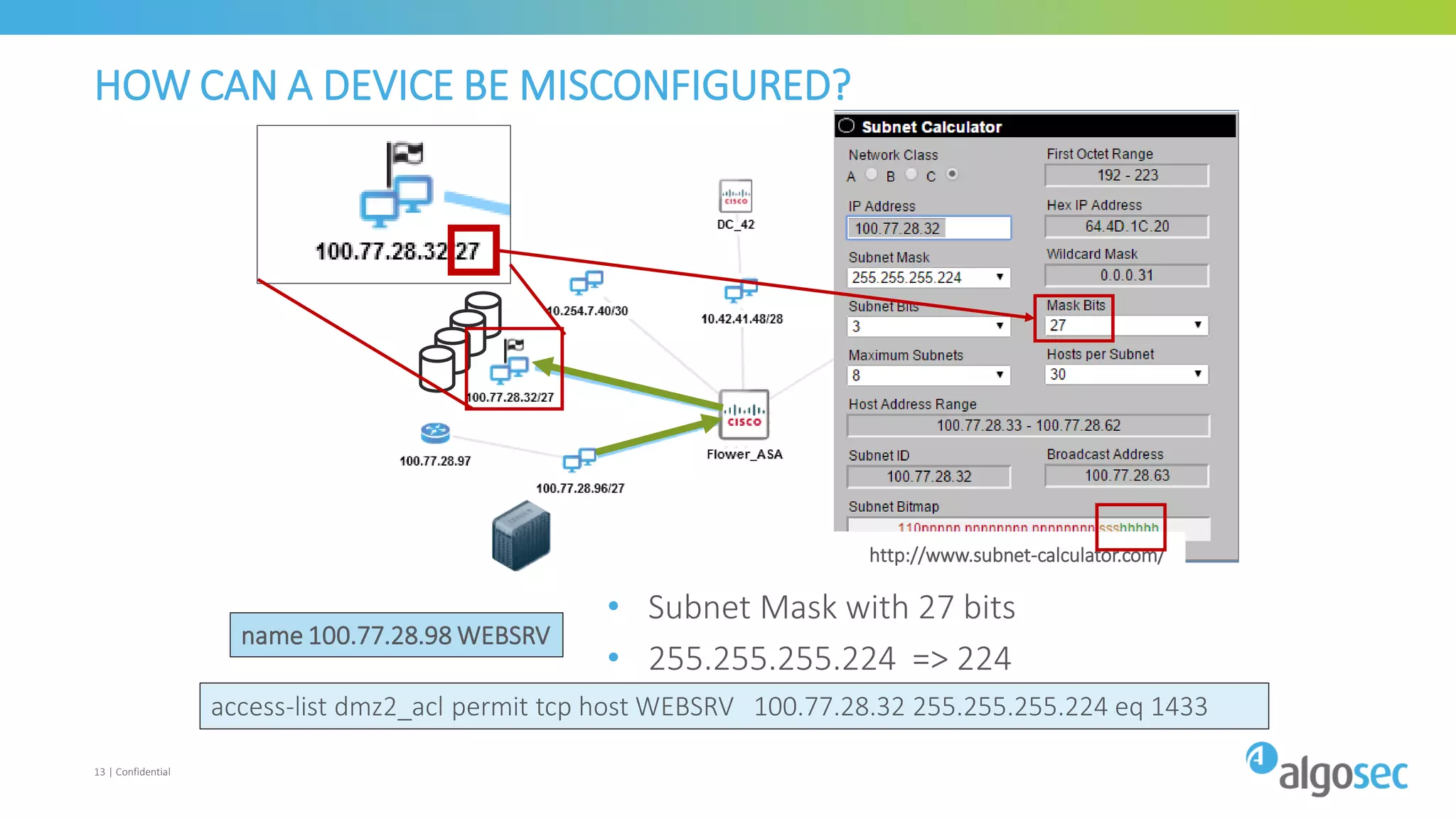 13 | Confidential
HOW CAN A DEVICE BE MISCONFIGURED?
name 100.77.28.98 WEBSRV
• Subnet Mask with 27 bits
• 255.255.255.224 => 224
http://www.subnet-calculator.com/
access-list dmz2_acl permit tcp host WEBSRV 100.77.28.32 255.255.255.224 eq 1433
 
