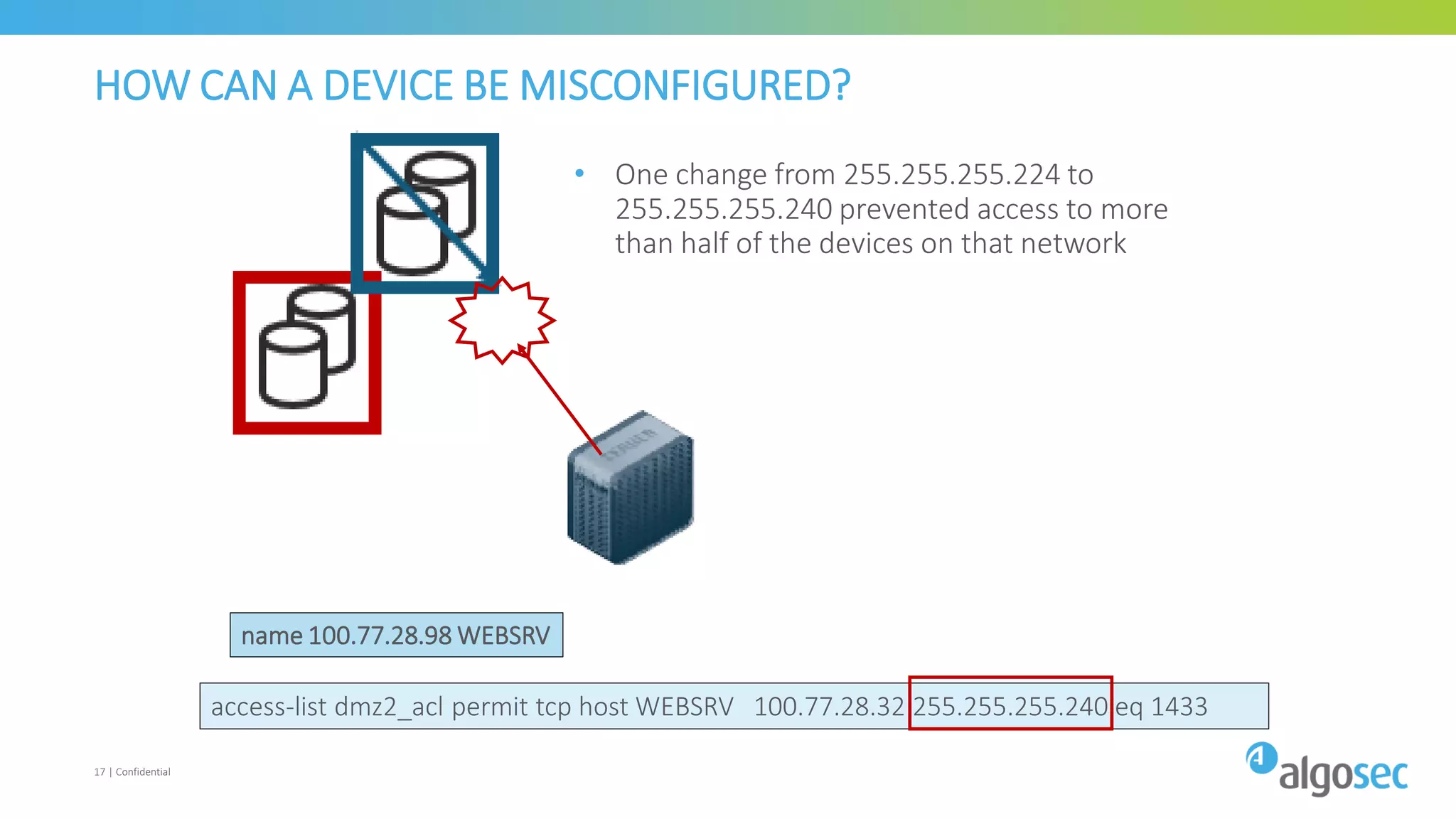 access-list dmz2_acl permit tcp host WEBSRV 100.77.28.32 255.255.255.240 eq 1433
17 | Confidential
HOW CAN A DEVICE BE MISCONFIGURED?
name 100.77.28.98 WEBSRV
• One change from 255.255.255.224 to
255.255.255.240 prevented access to more
than half of the devices on that network
 