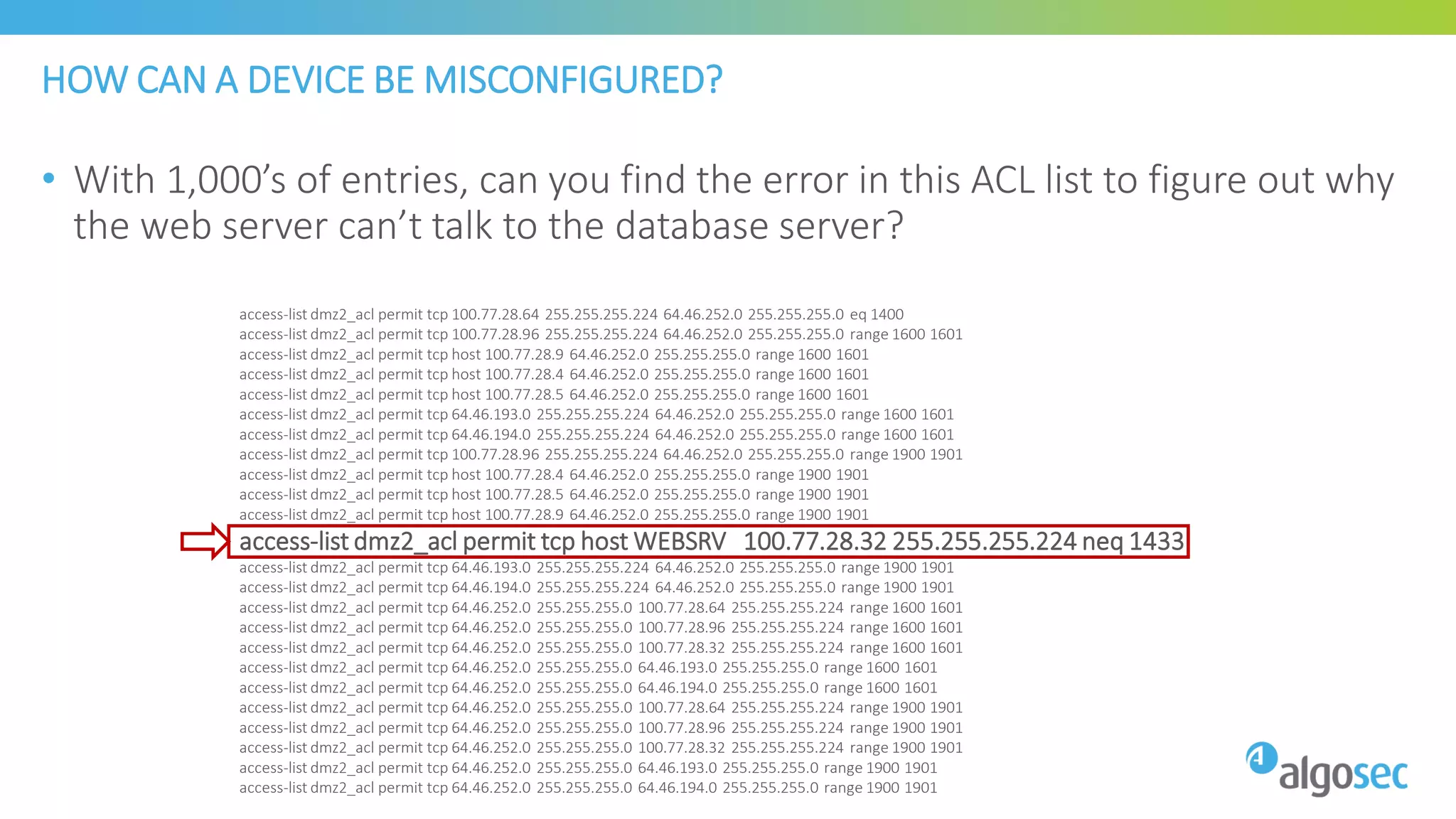 HOW CAN A DEVICE BE MISCONFIGURED?
• With 1,000’s of entries, can you find the error in this ACL list to figure out why
the web server can’t talk to the database server?
access-list dmz2_acl permit tcp 100.77.28.64 255.255.255.224 64.46.252.0 255.255.255.0 eq 1400
access-list dmz2_acl permit tcp 100.77.28.96 255.255.255.224 64.46.252.0 255.255.255.0 range 1600 1601
access-list dmz2_acl permit tcp host 100.77.28.9 64.46.252.0 255.255.255.0 range 1600 1601
access-list dmz2_acl permit tcp host 100.77.28.4 64.46.252.0 255.255.255.0 range 1600 1601
access-list dmz2_acl permit tcp host 100.77.28.5 64.46.252.0 255.255.255.0 range 1600 1601
access-list dmz2_acl permit tcp 64.46.193.0 255.255.255.224 64.46.252.0 255.255.255.0 range 1600 1601
access-list dmz2_acl permit tcp 64.46.194.0 255.255.255.224 64.46.252.0 255.255.255.0 range 1600 1601
access-list dmz2_acl permit tcp 100.77.28.96 255.255.255.224 64.46.252.0 255.255.255.0 range 1900 1901
access-list dmz2_acl permit tcp host 100.77.28.4 64.46.252.0 255.255.255.0 range 1900 1901
access-list dmz2_acl permit tcp host 100.77.28.5 64.46.252.0 255.255.255.0 range 1900 1901
access-list dmz2_acl permit tcp host 100.77.28.9 64.46.252.0 255.255.255.0 range 1900 1901
access-list dmz2_acl permit tcp host WEBSRV 100.77.28.32 255.255.255.224 neq 1433
access-list dmz2_acl permit tcp 64.46.193.0 255.255.255.224 64.46.252.0 255.255.255.0 range 1900 1901
access-list dmz2_acl permit tcp 64.46.194.0 255.255.255.224 64.46.252.0 255.255.255.0 range 1900 1901
access-list dmz2_acl permit tcp 64.46.252.0 255.255.255.0 100.77.28.64 255.255.255.224 range 1600 1601
access-list dmz2_acl permit tcp 64.46.252.0 255.255.255.0 100.77.28.96 255.255.255.224 range 1600 1601
access-list dmz2_acl permit tcp 64.46.252.0 255.255.255.0 100.77.28.32 255.255.255.224 range 1600 1601
access-list dmz2_acl permit tcp 64.46.252.0 255.255.255.0 64.46.193.0 255.255.255.0 range 1600 1601
access-list dmz2_acl permit tcp 64.46.252.0 255.255.255.0 64.46.194.0 255.255.255.0 range 1600 1601
access-list dmz2_acl permit tcp 64.46.252.0 255.255.255.0 100.77.28.64 255.255.255.224 range 1900 1901
access-list dmz2_acl permit tcp 64.46.252.0 255.255.255.0 100.77.28.96 255.255.255.224 range 1900 1901
access-list dmz2_acl permit tcp 64.46.252.0 255.255.255.0 100.77.28.32 255.255.255.224 range 1900 1901
access-list dmz2_acl permit tcp 64.46.252.0 255.255.255.0 64.46.193.0 255.255.255.0 range 1900 1901
access-list dmz2_acl permit tcp 64.46.252.0 255.255.255.0 64.46.194.0 255.255.255.0 range 1900 1901
 