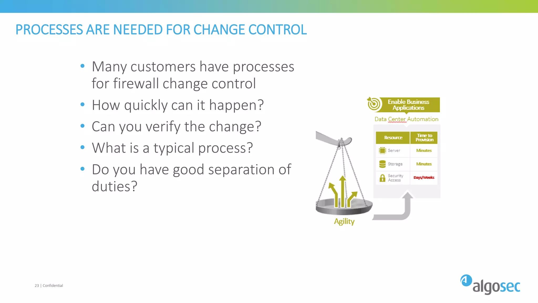 PROCESSES ARE NEEDED FOR CHANGE CONTROL
• Many customers have processes
for firewall change control
• How quickly can it happen?
• Can you verify the change?
• What is a typical process?
• Do you have good separation of
duties?
23 | Confidential
 