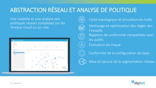 23 | Confidentiel
ABSTRACTION RÉSEAU ET ANALYSE DE POLITIQUE
Carte topologique et simulation du trafic
Nettoyage et optimisation des règles des
Firewalls
Mise en œuvre de la segmentation réseau
Conformité de la configuration de base
Rapports de conformité compatibles avec
les audits
Évaluation du risque
Une visibilité et une analyse des
politiques réseau complexes sur les
réseaux cloud ou sur site
 