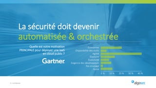 4 | Confidentiel
La sécurité doit devenir
automatisée & orchestrée
Quelle est votre motivation
PRINCIPALE pour déployer une IaaS
en cloud public ?
Économies
0 % 10 % 20 % 30 % 40 %
Disponibilité des outils
Élasticité
Agilité
Évolutivité
Autre
Exigence des développeurs
Pas envisagé
 