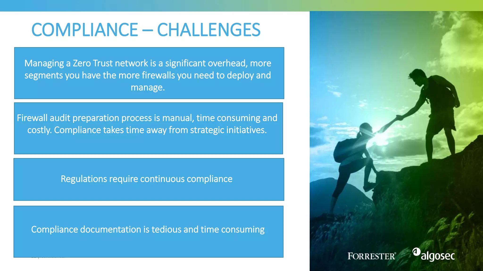 COMPLIANCE – CHALLENGES
21 | Confidential
Managing a Zero Trust network is a significant overhead, more
segments you have the more firewalls you need to deploy and
manage.
Firewall audit preparation process is manual, time consuming and
costly. Compliance takes time away from strategic initiatives.
Regulations require continuous compliance
Compliance documentation is tedious and time consuming
 