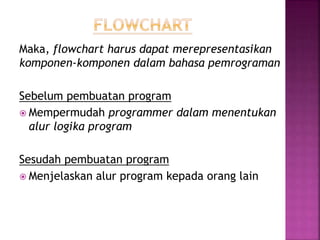 Maka, flowchart harus dapat merepresentasikan 
komponen-komponen dalam bahasa pemrograman 
Sebelum pembuatan program 
 Mempermudah programmer dalam menentukan 
alur logika program 
Sesudah pembuatan program 
 Menjelaskan alur program kepada orang lain 
 