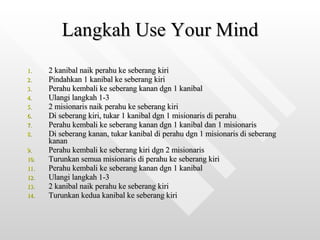 Langkah Use Your Mind 2 kanibal naik perahu ke seberang kiri  Pindahkan 1 kanibal ke seberang kiri Perahu kembali ke seberang kanan dgn 1 kanibal Ulangi langkah 1-3 2 misionaris naik perahu ke seberang kiri Di seberang kiri, tukar 1 kanibal dgn 1 misionaris di perahu Perahu kembali ke seberang kanan dgn 1 kanibal dan 1 misionaris Di seberang kanan, tukar kanibal di perahu dgn 1 misionaris di seberang kanan Perahu kembali ke seberang kiri dgn 2 misionaris Turunkan semua misionaris di perahu ke seberang kiri Perahu kembali ke seberang kanan dgn 1 kanibal Ulangi langkah 1-3 2 kanibal naik perahu ke seberang kiri Turunkan kedua kanibal ke seberang kiri 