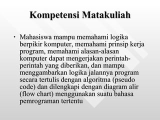 Kompetensi Matakuliah Mahasiswa mampu memahami logika berpikir komputer, memahami prinsip kerja program, memahami alasan-alasan komputer dapat mengerjakan perintah-perintah yang diberikan, dan mampu menggambarkan logika jalannya program secara tertulis dengan algoritma (pseudo code) dan dilengkapi dengan diagram alir (flow chart) menggunakan suatu bahasa pemrograman tertentu   