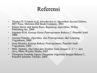 Referensi Thomas H. Cormen et.al,  Introduction to Algorithms Second Edition , MIT Press, McGraw-Hill Book Company, 2001 Simon Harris and James Ross,  Beginning Algorithms , Willey Publishing Inc, 2006 Jogianto H.M,  Konsep Dasar Pemrograman Bahasa C , Penerbit Andi, 2000 Antonie Pranata,  Algoritma  dan Pemrograman , J&J Learning Yogyakarta, 2000 Iwan Binanto,  Konsep Bahasa Pemrograman , Penerbit Andi Yogyakarta, 2005 Moh. Sjukani,  Algoritma dan Struktur Data dengan C, C++, dan Java , Mitra Wacana Media, 2005 Thompson Susabda Ngoen, Pengantar Algoritma dengan Bahasa C, Penerbit Salemba Teknika, 2004   