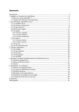 Sommaire
Introduction................................................................................................................................ 3
1. Rappels sur l'analyse des algorithmes.................................................................................... 4
1.1 Qu'est-ce qu'un algorithme ? ............................................................................................ 4
1.2 Analyse de l'efficacité d'un algorithme ............................................................................ 5
2. Les principaux algorithmes de tri........................................................................................... 7
2.1 Le problème du tri............................................................................................................ 7
2.2 Les tris par comparaison .................................................................................................. 8
2.3 Tri par insertion................................................................................................................ 9
2.4 Diviser pour régner......................................................................................................... 11
2.5 Tri rapide........................................................................................................................ 12
2.5.1 Version standard...................................................................................................... 12
2.5.2 Version aléatoire ..................................................................................................... 14
2.5.3 Versions améliorées ................................................................................................ 16
2.6 Tri fusion........................................................................................................................ 19
2.6.1 Version interne ........................................................................................................ 19
2.6.2 Version externe ....................................................................................................... 21
2.7 Tri par tas ....................................................................................................................... 22
2.8 Tri par dénombrement.................................................................................................... 26
3. D'autres algorithmes............................................................................................................. 28
3.1 Tri à bulles...................................................................................................................... 28
3.2 Tri par sélection.............................................................................................................. 28
3.3 Tri par base..................................................................................................................... 28
3.4 Tri par paquets................................................................................................................ 29
3.5 Tri de Shell..................................................................................................................... 29
4. Quelques exemples d'implémentation et d'utilisation de tris ............................................... 31
4.1 Librairie standard Java ................................................................................................... 31
4.2 Microsoft Word et Excel................................................................................................ 31
4.3 Oracle ............................................................................................................................. 32
5. Simulations sur ordinateur ................................................................................................... 34
5.1 Détails sur l'implémentation........................................................................................... 34
5.2 Les types de distributions d'entiers................................................................................. 34
5.3 Résultats généraux.......................................................................................................... 36
5.4 Résultats sur de petits tableaux ...................................................................................... 39
5.5 Sensibilité aux doublons du tri rapide............................................................................ 39
5.6 Comparaison des deux tris de Java ................................................................................ 40
Conclusion................................................................................................................................ 41
Bibliographie............................................................................................................................ 42
 