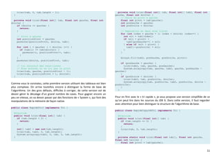 11
trier(tab, 0, tab.length - 1);
}
private void trier(final int[] tab, final int gauche, final int
droite) {
if (droite <= gauche) {
return;
}
// Pivot à gauche
int positionPivot = gauche;
permuter(positionPivot, droite, tab);
for (int i = gauche; i < droite; i++) {
if (tab[i] <= tab[droite]) {
permuter(i, positionPivot++, tab);
}
}
permuter(droite, positionPivot, tab);
// tri recursif des sous-listes
// Bien entendu on ne tri pas le pivot
trier(tab, gauche, positionPivot - 1);
trier(tab, positionPivot + 1, droite);
}
Comme vous le constatez, cette première version utilisant des tableaux est bien
plus complexe. On arrive toutefois encore à distinguer la forme de base de
l’algorithme. Un des gros défauts, difficiles à corriger, de cette version est de
devoir gérer le décalage d’un grand nombre de cases. Pour gagner encore un
peu en vitesse, on va devoir passer par des fonctions de « System », qui font des
manipulations de la mémoire de façon native.
public class RapideTri2 implements Tri {
@Override
public void trier(final int[] tab) {
if (tab.length < 2) {
return;
}
int[] tab2 = new int[tab.length];
trier(tab, tab2, 0, tab.length);
System.arraycopy(tab2, 0, tab, 0, tab.length);
}
private void trier(final int[] tab, final int[] tab2, final int
gauche, final int droite) {
// Choix du pivot a gauche
final int pivot = tab[gauche];
int posGauche = gauche;
int posDroite = droite;
// Separation en deux sous listes
for (int index = gauche + 1; index < droite; index++) {
int elt = tab[index];
if (elt < pivot) {
tab2[posGauche++] = elt;
} else if (elt > pivot) {
tab2[--posDroite] = elt;
}
}
Arrays.fill(tab2, posGauche, posDroite, pivot);
if (posGauche > gauche) {
trier(tab2, tab, gauche, posGauche);
System.arraycopy(tab, gauche, tab2, gauche, posGauche -
gauche);
}
if (posDroite < droite) {
trier(tab2, tab, posDroite, droite);
System.arraycopy(tab, posDroite, tab2, posDroite, droite -
posDroite);
}
}
Pour en finir avec le « tri rapide », je vous propose une version simplifiée de ce
qu’on peut lire dans les sources du JDK 6. Dans cette version, il faut regarder
avec attention pour bien distinguer la structure de l’algorithme de base.
public class RapideCopyJdkTri implements Tri {
@Override
public void trier(final int[] tab) {
if (tab.length == 0) {
return;
}
trier(tab, 0, tab.length);
}
private static void trier(final int tab[], final int gauche,
final int taille) {
final int pivot = tab[gauche];
 
