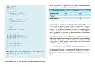 12
int g = gauche;
int g2 = g;
int d = gauche + taille - 1;
int d2 = d;
while (true) {
while (g2 <= d && tab[g2] <= pivot) {
if (tab[g2] == pivot) {
permuter(g++, g2, tab);
}
g2++;
}
while (d >= g2 && pivot <= tab[d]) {
if (tab[d] == pivot) {
permuter(d, d2--, tab);
}
d--;
}
if (g2 > d) {
break;
}
permuter(g2++, d--, tab);
}
// Swap partition elements back to middle
int s, n = gauche + taille;
s = Math.min(g - gauche, g2 - g);
decaler(tab, gauche, g2 - s, s);
s = Math.min(d2 - d, n - d2 - 1);
decaler(tab, g2, n - s, s);
// Recursively sort non-partition-elements
if (1 < (s = g2 - g)) {
trier(tab, gauche, s);
}
if (1 < (s = d2 - d)) {
trier(tab, n - s, s);
}
}
public static void decaler(final int tab[], int a, int b, int n)
{
for (int i = 0; i < n; i++, a++, b++) {
permuter(a, b, tab);
}
}
Les gains de chaque version pourraient sembler minimes, en comparaison de
l’investissement, mais ils sont réellement importants. Pour bien se rendre
compte des différences de performance, voici les temps de traitement moyens
observés sur mon ordinateur portable, équipé d’un JDK 7.
Algo 1 000 d’éléments 1 000 000 d’éléments
RapideViaListeTri 15 ms 8 s
RapideViaListe2Tri 13 ms 829 ms
RapideTri 1 ms 909 ms
Rapide2Tri - 52 ms
RapideCopyJdkTri - 61 ms
JavaTri (JDK 7) - 48 ms
On constate que la seconde version à base de liste (RapideViaListe2Tri) est dix
fois plus rapide que la première (RapideViaListeTri) pour un million d’éléments à
trier, ce qui est loin d’être négligeable. La première version à base de tableau
(RapideTri) est presque aussi rapide que la seconde version à base de liste
(RapideViaListe2Tri). La seconde version à base de tableaux (Rapide2Tri) est,
quant à elle, dix-sept fois plus rapide que la première. Seule la méthode de Java
7 (JavaTriTest), qui est hybride, parvient à faire mieux.
Ici, on voit aussi que mon ordinateur est loin de pouvoir effectuer les opérations
élémentaires en une nanoseconde puisqu’on se serait alors attendu à une durée
de l’ordre de « 20 ms » pour un million d’éléments. Cela est dû en partie à la
puissance de la machine et en partie au fait qu’on a du mal à coller au plus près
de l’algorithme théorique optimal.
« le choix du bon pivot dépend de la distribution attendue… »
Une des grosses difficultés du « Quick Sort » réside dans le choix du bon pivot, le
risque étant de déséquilibrer les sous-listes qu’on va construire. Quand on n’a
pas de meilleure idée et faute de mieux, on peut prendre le premier élément
(fig. 5).
 