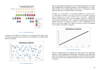 14
Fig. 8 : Tri rapide (pivot aléatoire)
Comme son nom l’indique, le « Quick Sort » a la réputation d’être rapide, ce qui
est mérité, mais parfois un peu usurpé. Pour le comprendre, il va encore falloir
parler de complexité.
Fig. 9 : Distribution aléatoire
Dans le cas favorable où les éléments sont uniformément distribués, c’est-à-dire
bien mélangées (fig. 9), l’algorithme produit un arbre équilibré avec « 2 » sous-
listes de taille « n/2 » à chaque appel récursif, soit « n » opérations à chaque
étape (une étape est un nœud de l’arbre ou une feuille).
À l’étape « 1 », on aura donc « 2 » sous-listes. À l’étape « 2 », on aura « 2*2 =
22
» sous listes. À l’étape « 3 », on aura « 2*2*2=23
» sous listes, et ainsi de
suite. À l’étape « p », on aura « 2*2*2*…*2=2p
» sous listes. L’algorithme
récursif s’arrête lorsqu’on arrive à un seul élément. S’il faut « p » étapes pour
cela, on pourra donc dire que « n=2p
». La fonction mathématique qui permet de
calculer la valeur de « p » quand on connait « n » est le « logarithme de n en
base 2 » qu’on note « log2(n) » ou « lg(n) » en raccourci. Au final, la complexité
du « tri rapide » sera donc en « O(n lg n) ».
Fig. 10 : Distribution croissante
Dans le cas défavorable où les éléments sont déjà triés (fig. 10), l’algorithme
produit un arbre complètement déséquilibré, ressemblant à une longue tige
tordue et ne permettant de trouver la position que d’un seul élément à chaque
étape. On aura donc une complexité équivalente à celle du « tri par sélection »
en « O(n²) ».
 