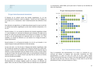 17
debut++;
g++;
d++;
}
}
}
Tri par interclassement monotone
À l’époque où on utilisait encore des bandes magnétiques, le « tri par
interclassement monotone » avait ses adeptes. Comme son nom l’indique, ce
tri se base sur la « monotonie » dans l’ordonnancement des éléments d’une
liste.
Pour dérouler cet algorithme, on répète deux phases jusqu’à ce que ce soit trié,
en utilisant des bandes magnétiques ou des zones mémoire temporaires « A »
et « B ».
Durant la phase « 1 », on recopie les éléments de la bande magnétique initiale
« I » vers la bande « A » tant que les éléments sont croissants. On copie vers la
bande « B » dès qu’ils sont décroissants. On continue sur la bande « B » jusqu’à
ce qu’il y ait une décroissance en reprenant alors sur la bande « A ». Pour
simplifier, on recopie les éléments sur une bande et on change de bande à
chaque décroissance.
Durant la phase « 2 », on fusionne les bandes « A » et « B » sur la bande « I » en
copiant toujours le plus petit élément en tête des bandes.
Je vous vois venir ; on n’en est plus à l’époque des bandes magnétiques. Cela
dit, le temps de transfert d’un tableau de la mémoire centrale aux caches CPU,
comparé à celui d’une liste chaînée, dont les éléments sont dispersés dans la
mémoire, se pose exactement dans les mêmes termes. Et puis, on peut utiliser
ce type de tri pour trier des gros fichiers dans un environnement contraint en
mémoire puisqu’il n’y a besoin d’ouvrir que deux flux de sortie et un d’entré,
ainsi qu’une paire de variables.
Ce tri fonctionne relativement bien sur des listes mélangées. Son
fonctionnement est presque magique quand on s’amuse à le dérouler sur
papier. Mais c’est avec les listes en partie triées qu’il dévoile tout son potentiel.
La connaissance, même faible, qu’on peut avoir à l’avance sur les données est
donc très importante.
Fig. 12 : Tri par interclassement monotone
Pour la complexité, très sommairement, il y a donc « n » lectures et « n »
écritures par phases. La longueur des sous-suites monotones est TRES
grossièrement « 2 » puis « 4 » puis « 8 », bref, on va avoir « lg(n) » étapes
(même raisonnement que pour un arbre). C’est assez approximatif, mais disons
que dans le pire des cas, c’est en « O(n lg n) » et que, dans le cas de listes
partiellement triées, c’est quasi linéaire en « O(n) ».
 