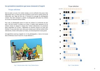 3
Les premières manières qui nous viennent à l'esprit
Tri par sélection
Sans le savoir, où sans s’en rendre compte, on est confronté très jeune à des
algorithmes de tri. Je dirais que cela se produit au plus tard en petite section de
maternelle, vers l’âge de trois ans, à l’occasion du passage du photographe
scolaire. Pour bien composer sa photo, le photographe doit placer les enfants
sur le banc en fonction de leurs tailles.
Pour cela, le photographe passe en revue les enfants à la recherche du plus
petit. Une fois trouvé, il le place sur le banc. Il réitère cette opération sur les
enfants restant en plaçant à chaque fois l’enfant sélectionné à la prochaine
place disponible sur le banc. L’algorithme se termine lorsqu’il ne reste plus
d’enfant. Si vous avez bien suivi, vous aurez compris que le dernier enfant à être
sélectionné, et donc à être placé sur le banc, est mécaniquement le plus grand.
Cet algorithme aurait pu s’appeler le « tri du photographe », mais on le trouve
dans la littérature sous le nom de « tri par sélection ».
Fig. 1 : Photo de classe. Crédit : Puyo / Podcast Science Fig. 2 : Tri par sélection
 